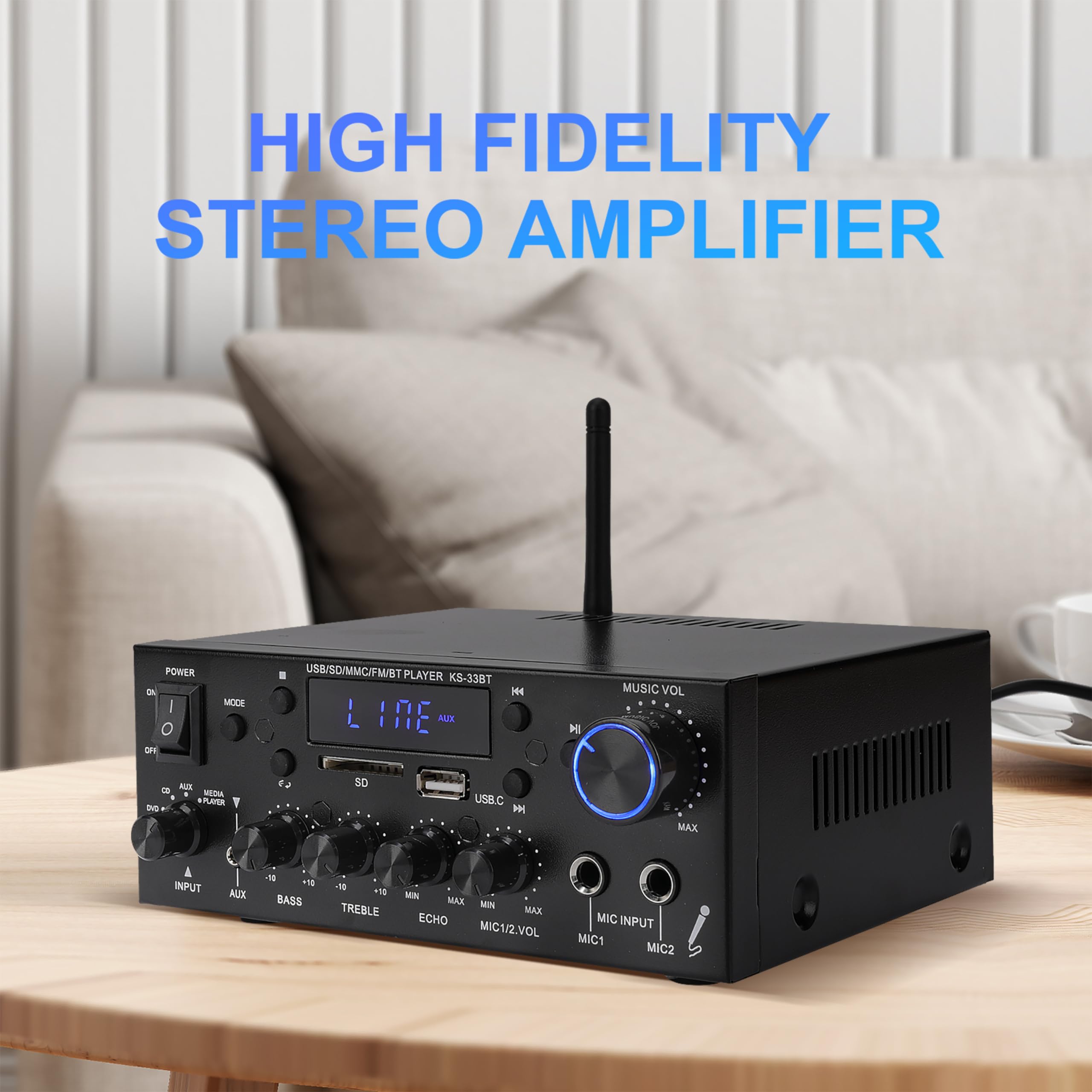 Mini Bluetooth Amplificador Audio, 500W+500W HiFi de 2.0 Canales Audio Stereo Music Reproductor, SD Card/USB Input/FM Radio, para PC, TV, Amplificador Coche, casa Altavoz, subwoofer BT 12v 220V