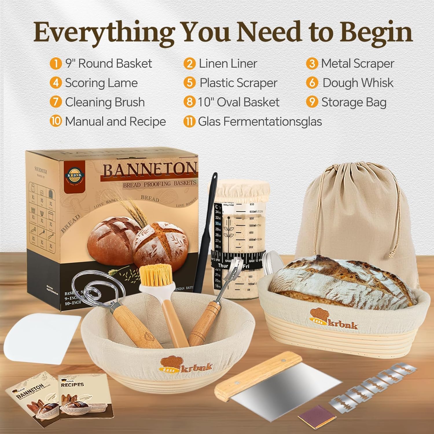 Sauerteig-Set für Anfänger, Brot-Banneton-Gärkörbe, 22,9 cm und 25,4 cm, 1000 ml Sauerteig-Starterglas, indonesisches Rattan-Backzubehör, Brot-Herstellungswerkzeuge, komplettes