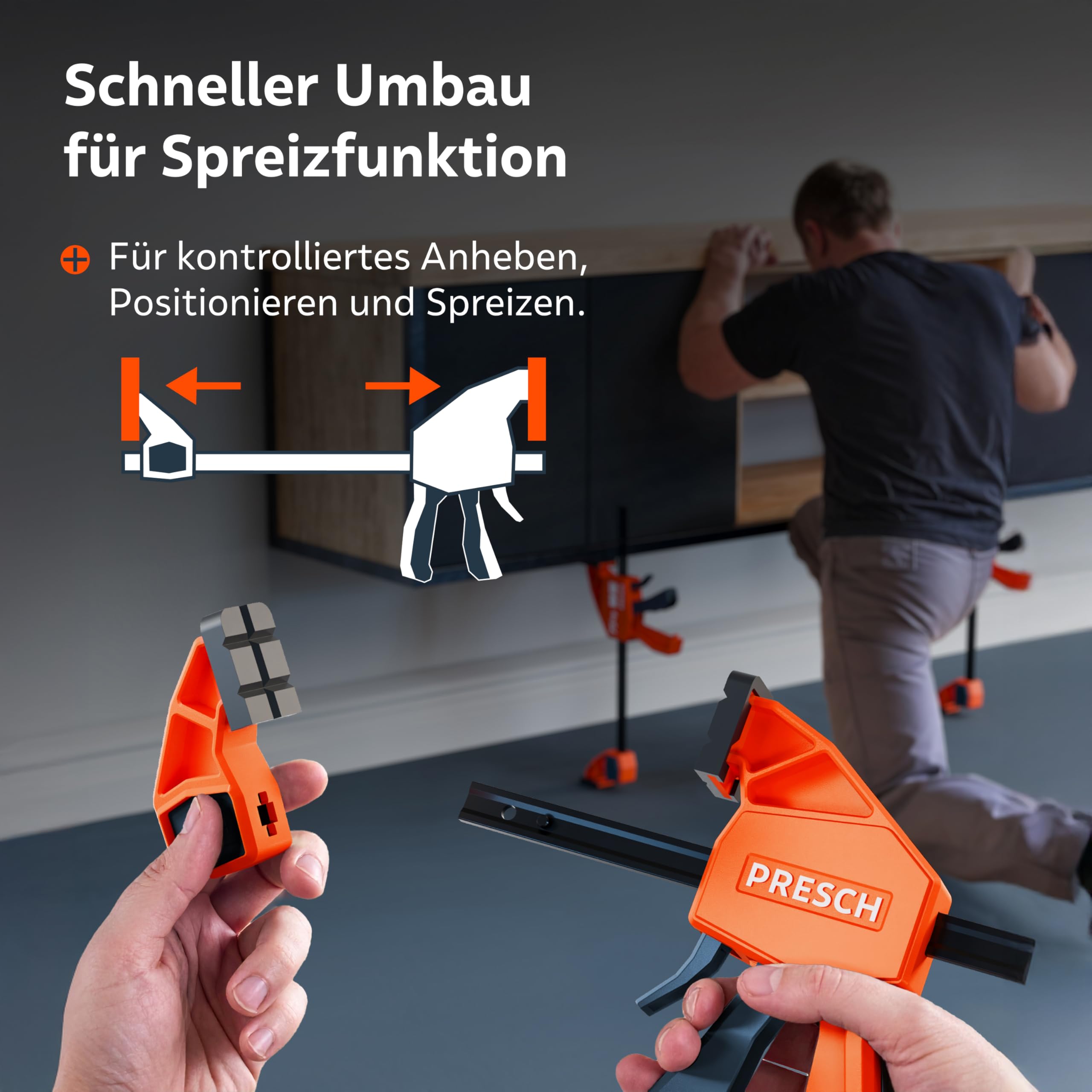 PRESCH Einhandzwingen 150mm & 300mm 4 Stk. – Zwingen Set mit 75kg Spannkraft für sofortiges Fixieren – Robuste Schnellspannzwingen dank Carbonstahl & glasfaserverstärktem Gehäuse – Mit Spreizfunktion