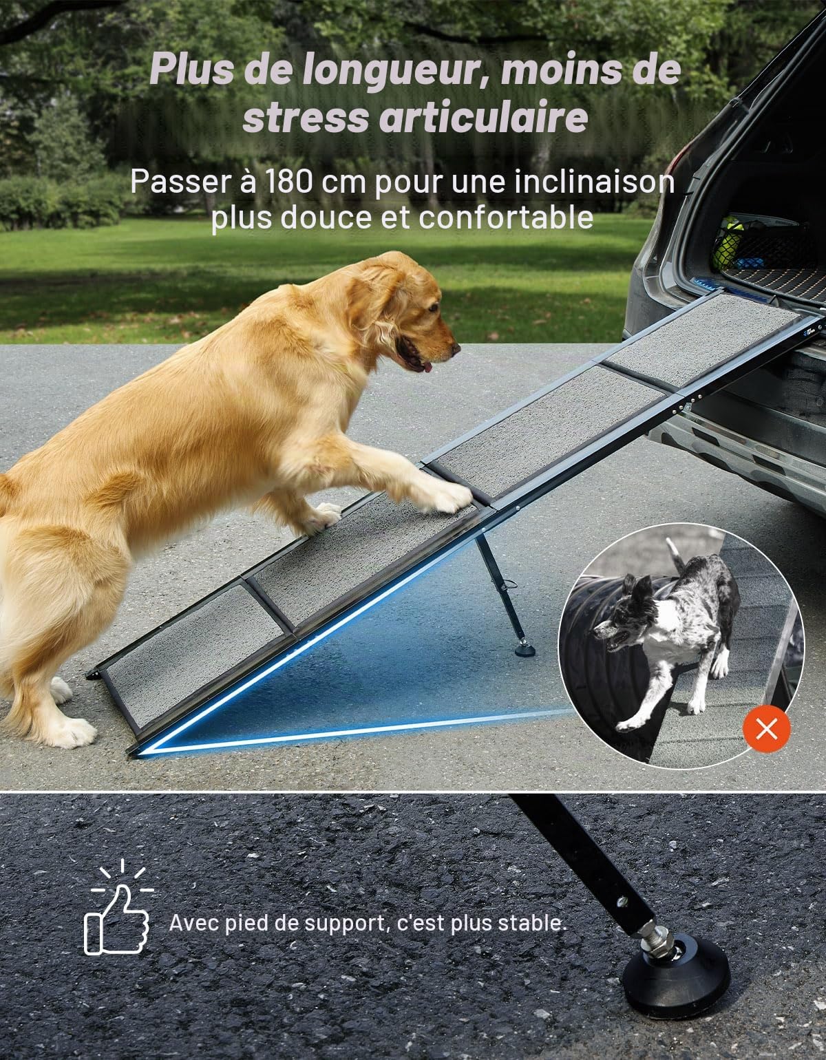 JOYTUTUS Rampe pour Chien Voiture Pliable,180 x 44 cm Charge Max.90 kg | Rampe Accès Voiture PVC Antidérapant Aluminium Léger pour SUV Camions, Convient aux Animaux de Compagnie de Toutes Tailles,