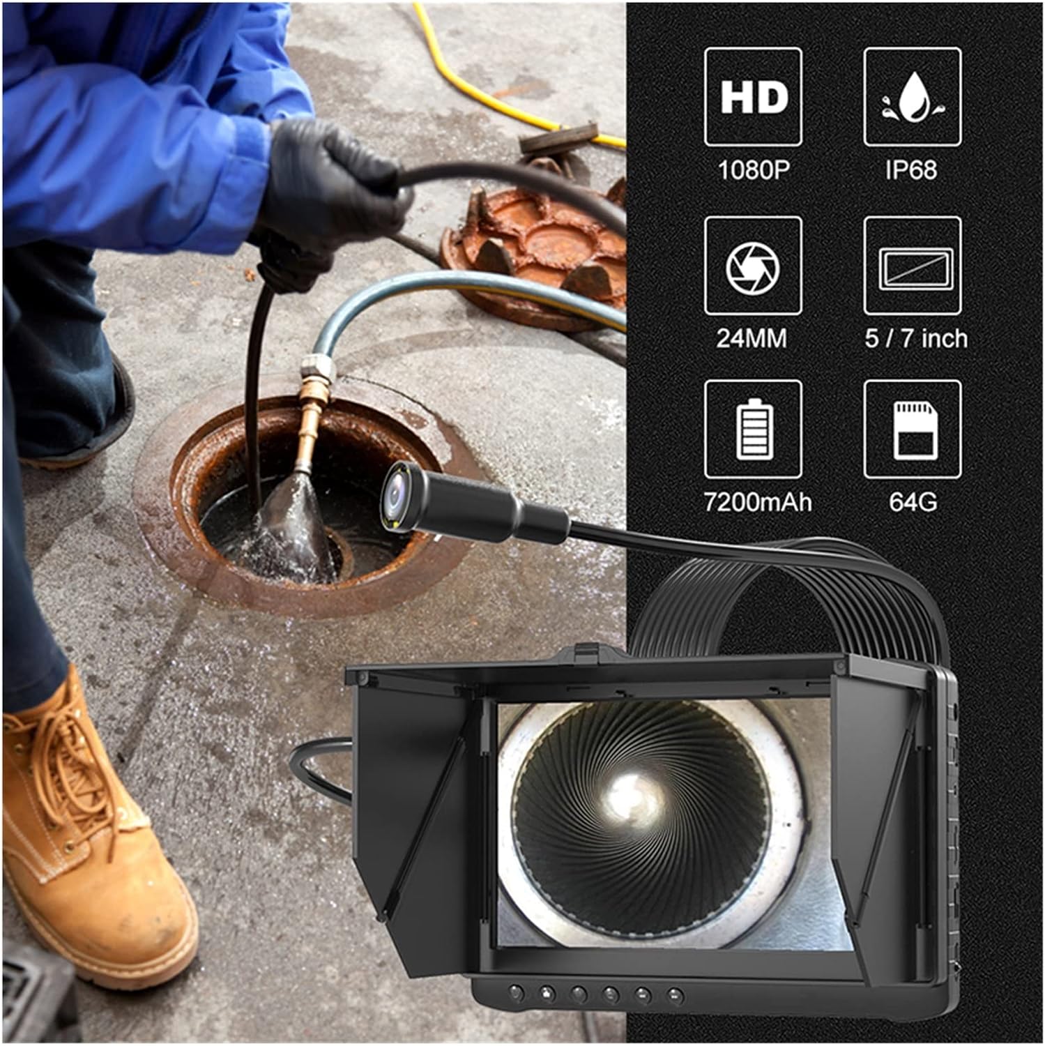 Pipe Inspection Camera Underwater Camera IP68 Waterproof Industrial Pipeline with 4X Zoom 5 Inch LCD (100M Water) Pipeline Inspection (7 inch 2m)