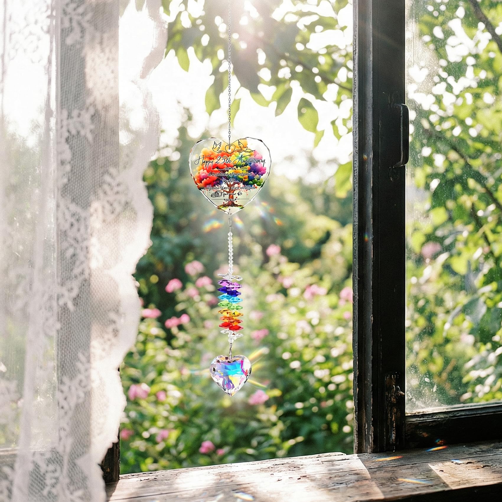 25th Anniversary Suncatcher Gifts for Couples, Wife, 25 Years of Marriage Crystal Hanging Heart Rainbow Maker Keepsake Home Garden Decor