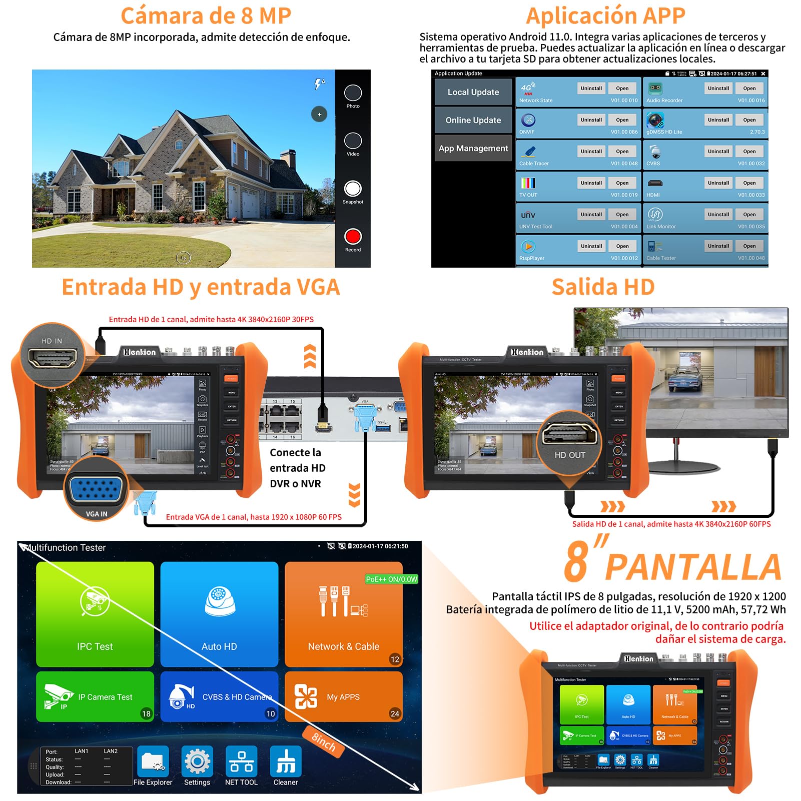 Henkion IPC-H12-MOVTADHSEF CCTV-Kameratester 8-Zoll-IPS-Touchscreen-Monitor CCTV-Tester unterstützt 8K IPC-Test und 4K TVI CVI AHD SDI-Kameratests SFP DMM OPM TDR POE HDMI VGA WiFi RS485