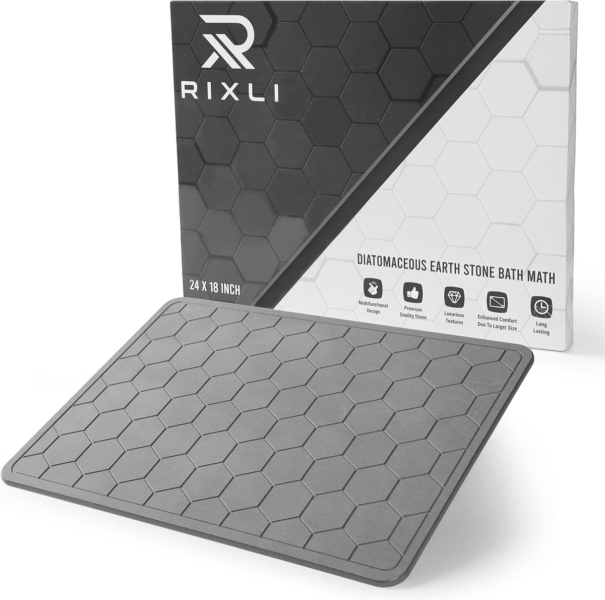Diatomaceous Earth Stone Bathmat | Eco-Friendly XL Stone Bath Mat 18x24 Inch. Instant Dry Bathroom Mat with Sandpaper & Pads. Multiuse, Kitchen Counter & Stone Dog Bowl Mat (1, Grey)