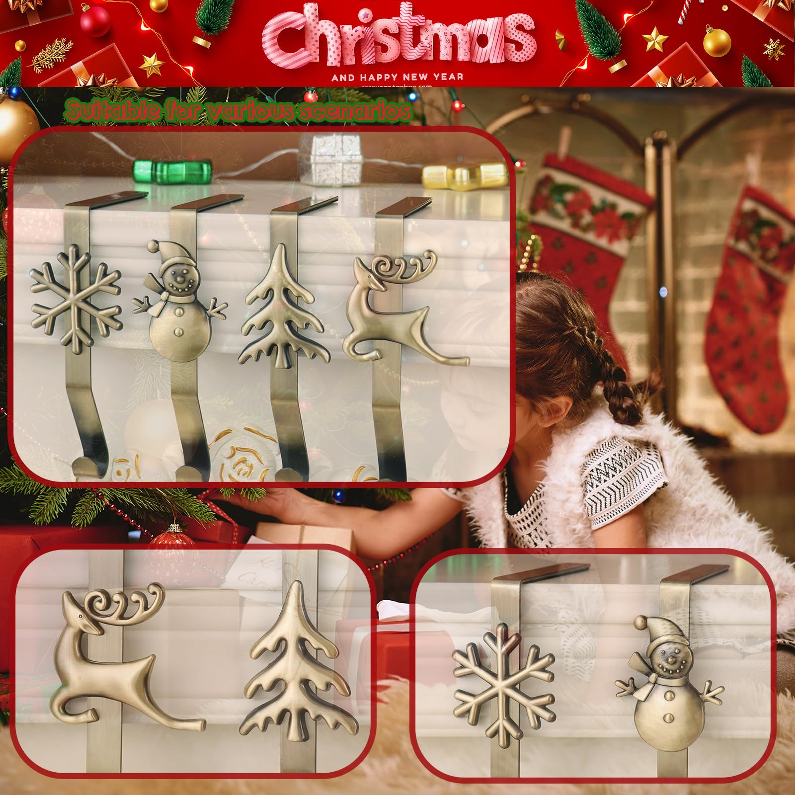 Lot de 4 supports de chaussettes de Noël – Différents motifs pour cheminée – Crochets pour chaussettes de Noël pour décoration de Noël (bronze)