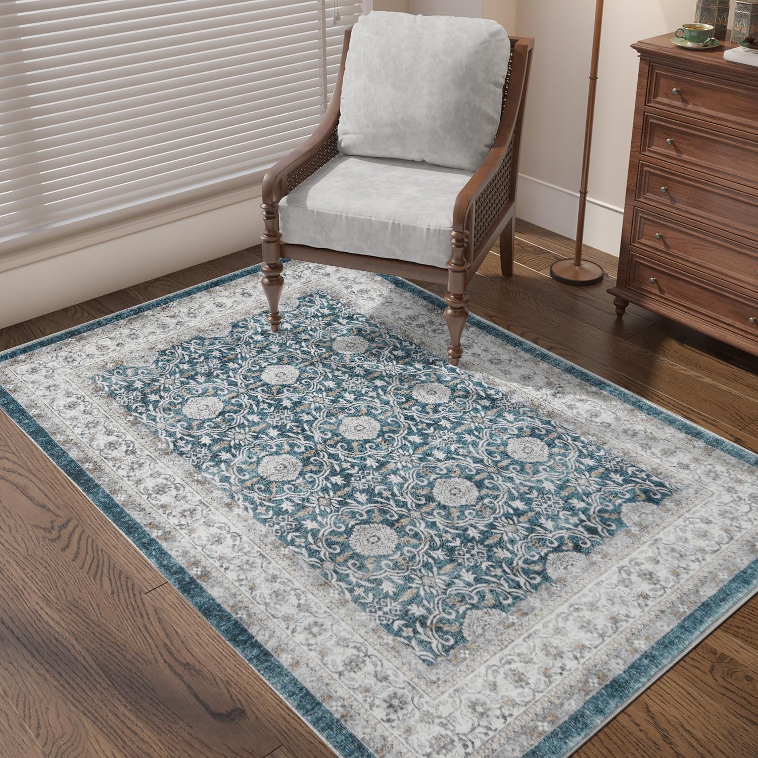 jinchan Washable Area Rug 3x5 Entryway Low Pile Boho Floral Print Rug Soft Indoor Doormat Stain Resistant Non-Slip Ultra-Thin Rug Kitchen Living Room Bedroom Dining Room Office Blue