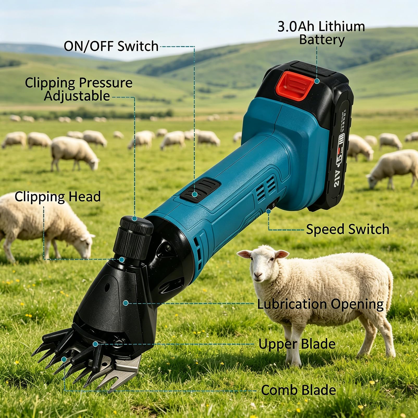 Esquiladora de ovejas de 600 W, Esquiladora inalámbrica para Ganado 2400 RPM 6 velocidades Ajustables, Cuchilla de 9 + 13 Dientes, con 2 baterías Recargables de 3000 mAh