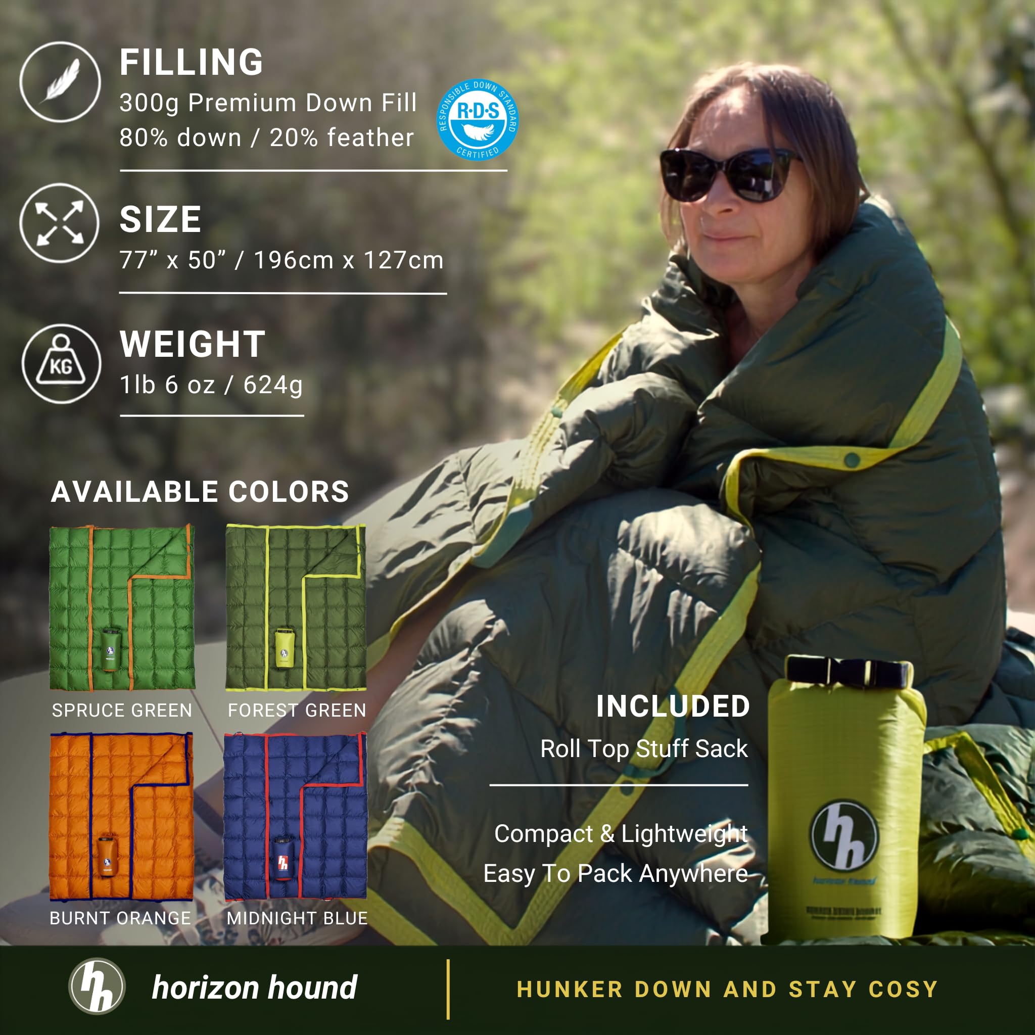 Horizon Hound GR-20 Down Camping Blanket - Outdoor Travel Quilt | Insulated, Lightweight & Warm Gear for Sleep, Camping, Stadium, Hiking & Festivals | Water Resistant, Packable & Compact