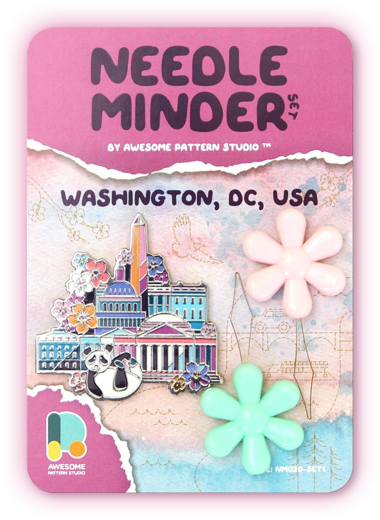 Awesome Pattern Studio Needle Minder Set – Washington Magnetic Needle Minder + 2 Needle Threaders. Enamel Pin for Cross Stitch, Embroidery and Craft