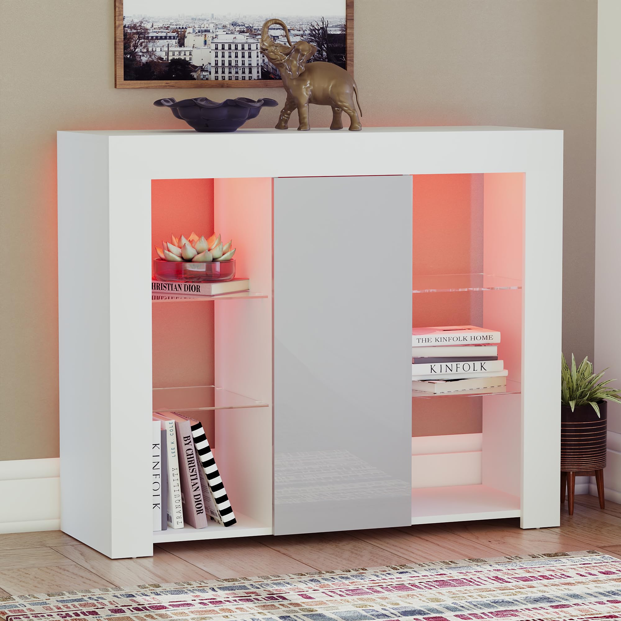 Vida Designs Aparador Grande Azura Moderno LED de 1 Puerta en Blanco y Gris, Luces RGB (Opciones de desvanecimiento/estroboscópico Incluidas), Alto Brillo