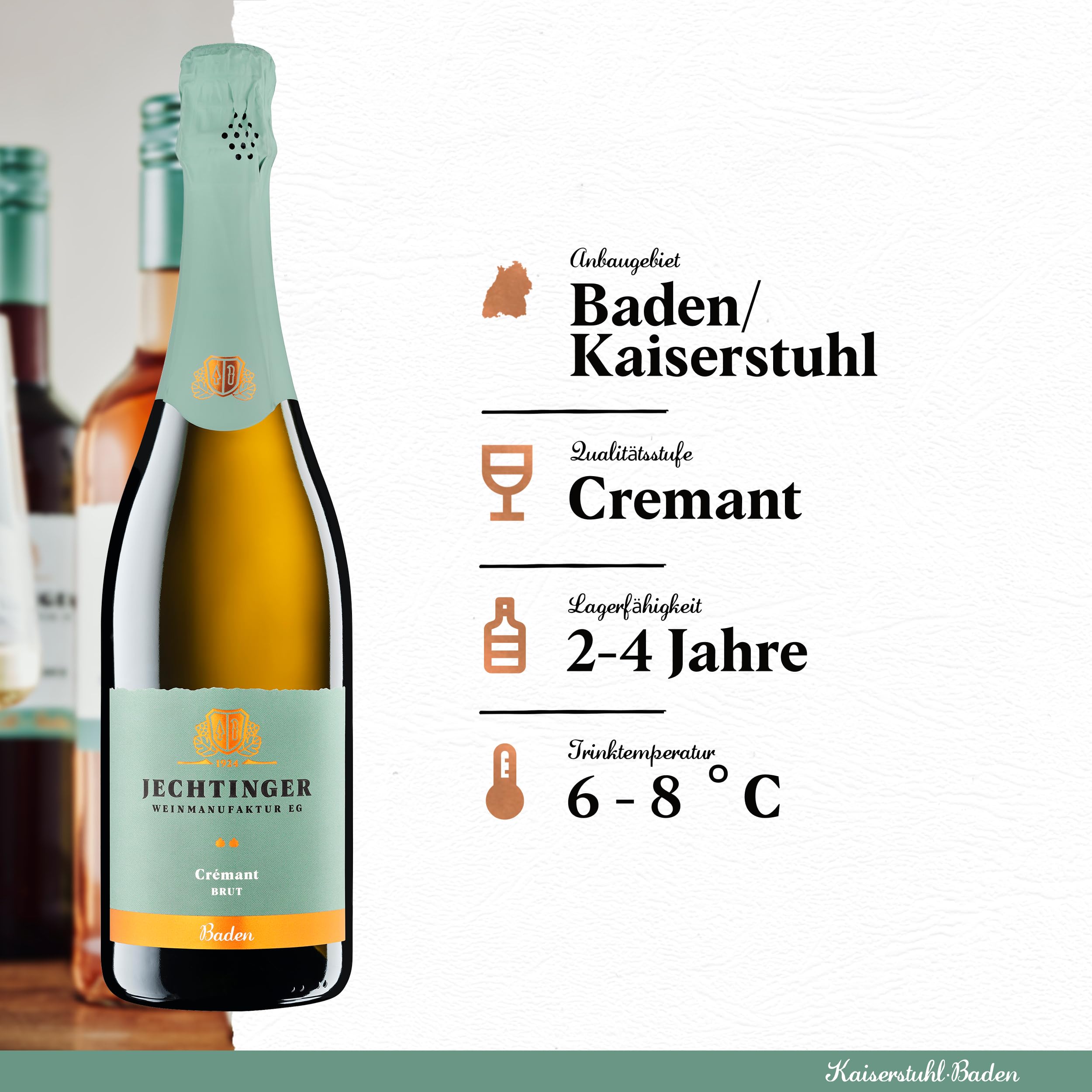 Jechtinger Cremant Brut - SILBER 2025 AWC Vienna - Klassische Flaschengärung - Winzer-Sekt trocken, frisch, lebhaft & feinperlig - Anbaugebiet Kaiserstuhl (1 x 0,75 l) (Packung mit 6)