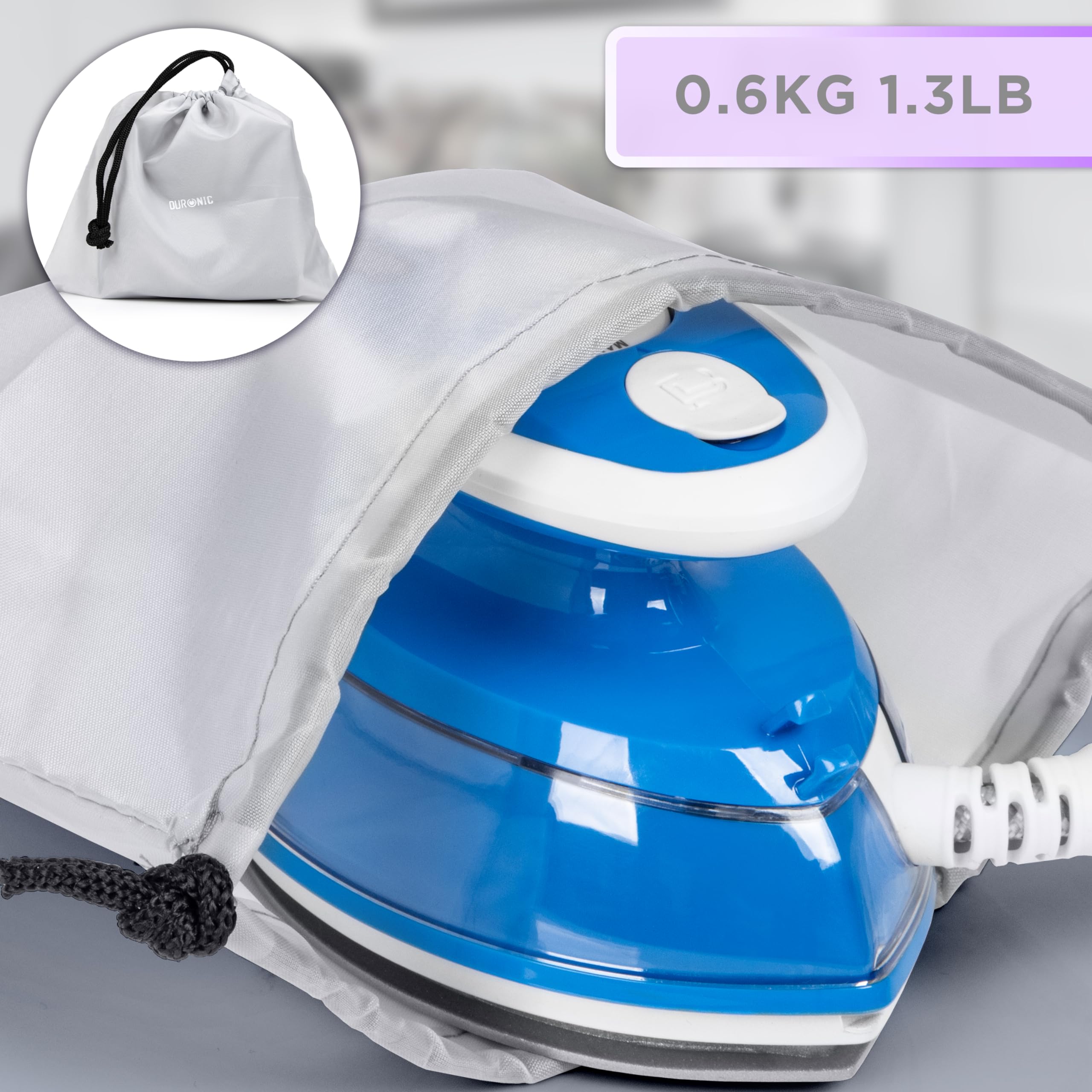 Duronic SI3 BE Mini Ferro da Stiro, Ferro da viaggio a vapore 400W, Serbatoio 35ml, Steamer portatile con base d’appoggio e borsello da viaggio, Per lavori di cucito, quilting, Blu