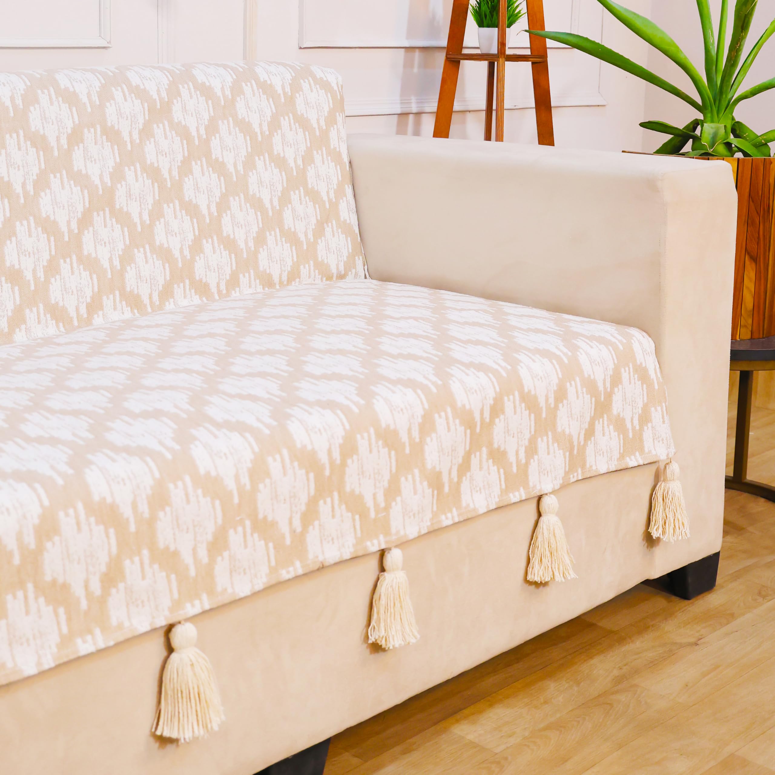 STITCHNEST 'Verdant Ikat Stories' 1 Seater Sofa Cover – Full Coverage| Elegant Jacquard Fabric, Decorative Tassels, Washable & Durable for Modern Living