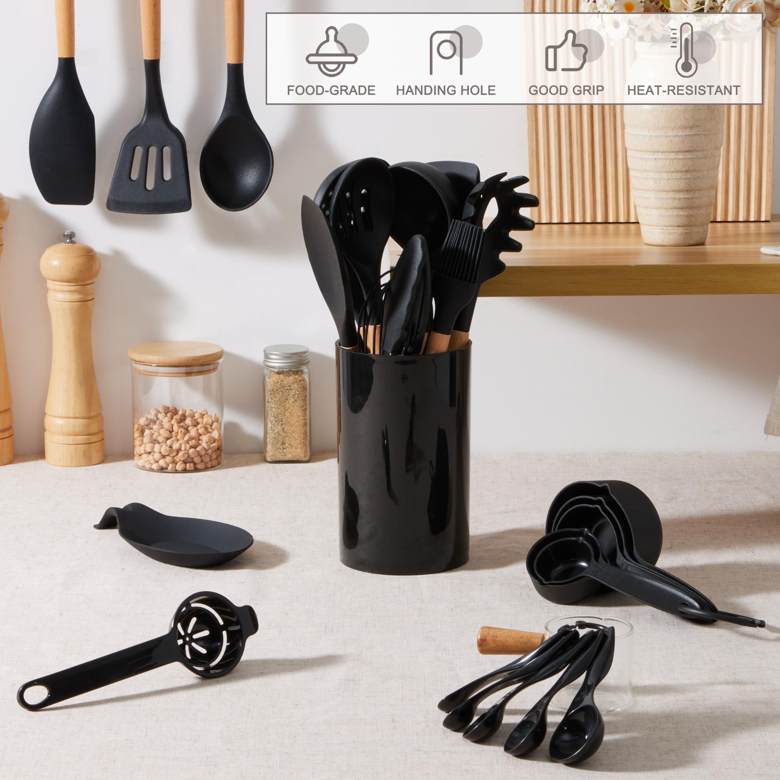 E-far Juego de utensilios de cocina negros con soporte, juego de utensilios de cocina de silicona de 25 piezas con mango de madera para utensilios de cocina antiadherentes, herramienta de cocina