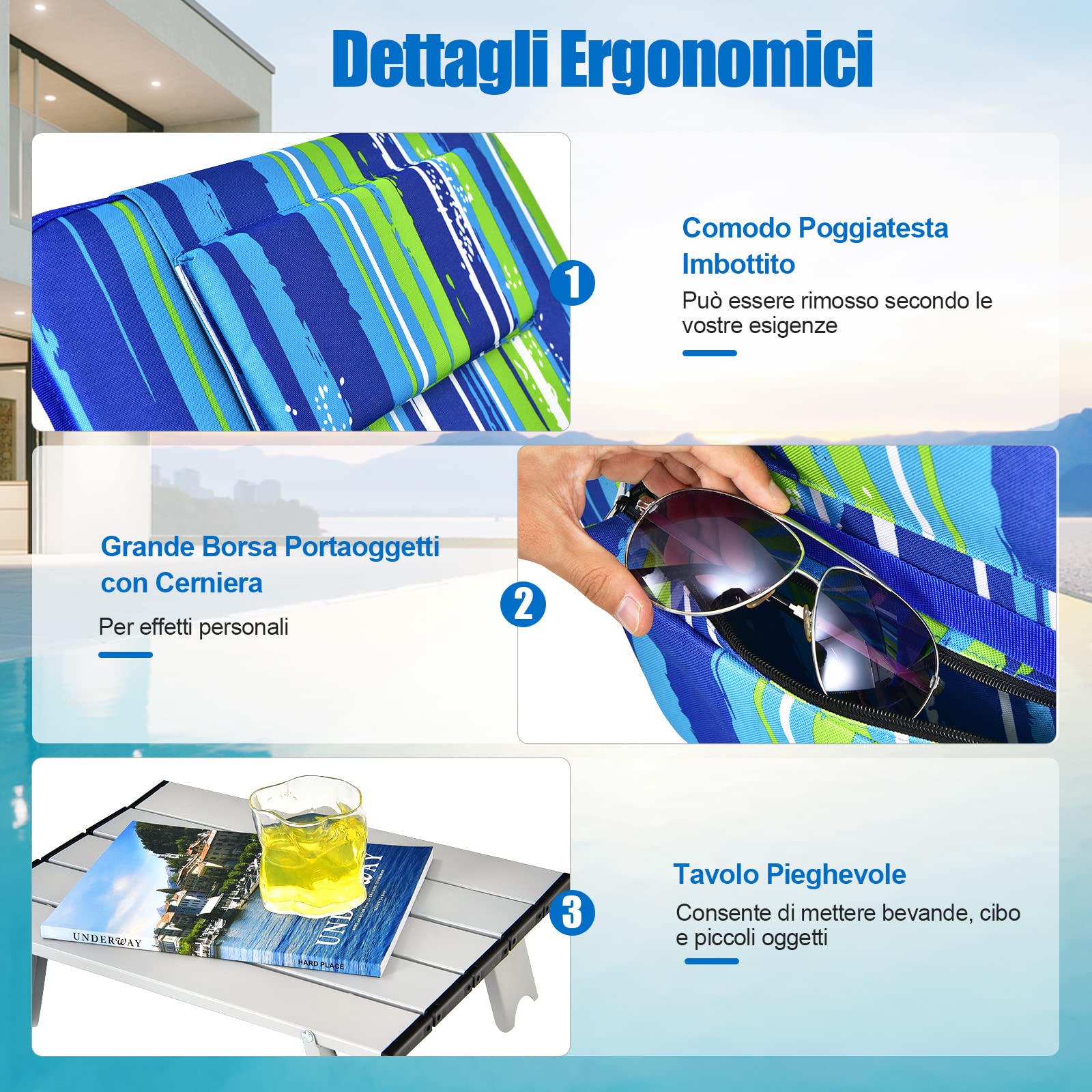 GYMAX Tappetino da Spiaggia Reclinabile, Set di 2 Sedie e Tavolino, Angolo Regolabile, Design Pieghevole Multifunzione, Adatto per Spiaggia, Parchi, Cortili, Campeggio (Blu e verde)