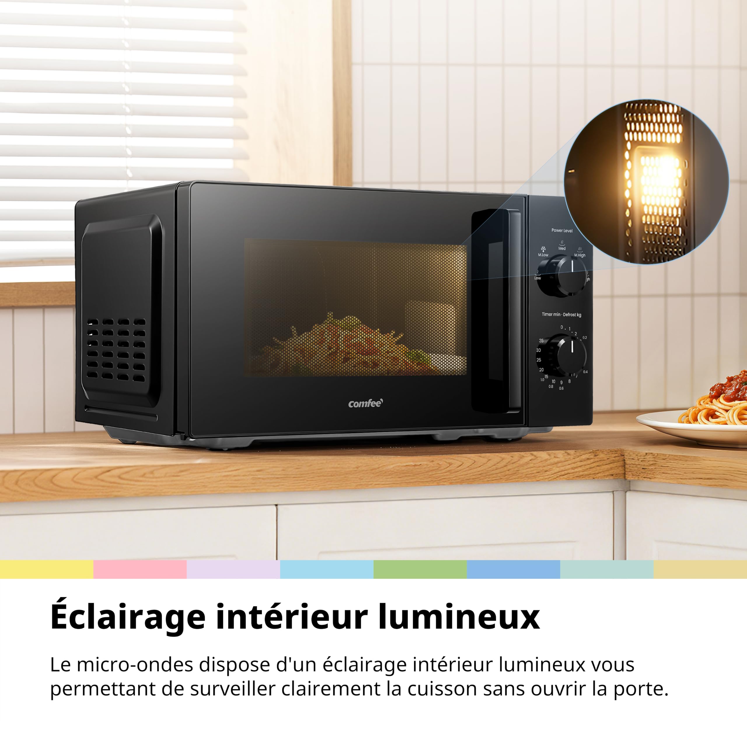 Comfee Four à micro-ondes compact 20 L CMO-MM20L2NFPE(BK), 700 W, Commandes manuelles par boutons rotatifs, 5 niveaux de puissance, Décongélation rapide, Grande fenêtre de visualisation, Noir