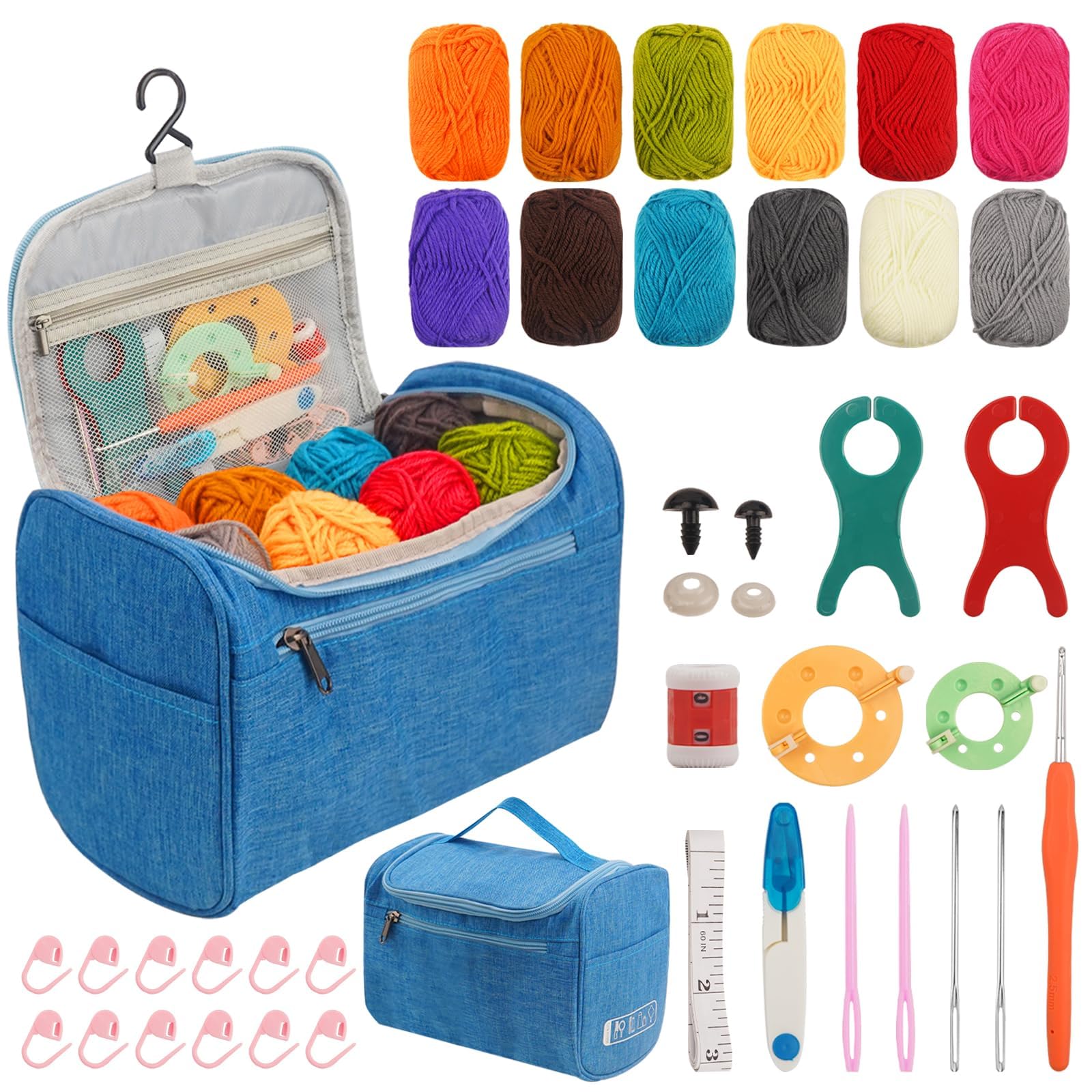 FALSKT Crochet Kits for Beginners Adults Crochet Starter Kit with 12Pcs x 25g Acrylic Yarn and Ergonomic Metal Crochet Hooks Knitting Accessories Complete Beginners Crochet Kit Yarn Storage Bag
