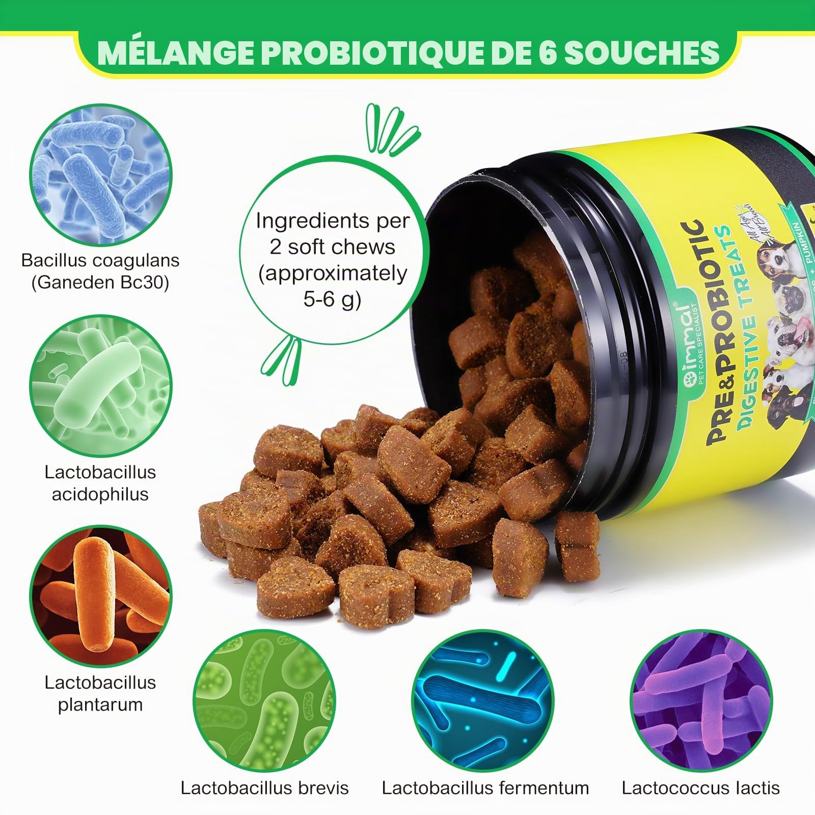 Probiotiques Chien, Favorise la santé de l'intestin, la diarrhée, la santé Digestive et Les Allergies saisonnières - Saveur de Canard - 120 mastications Souples