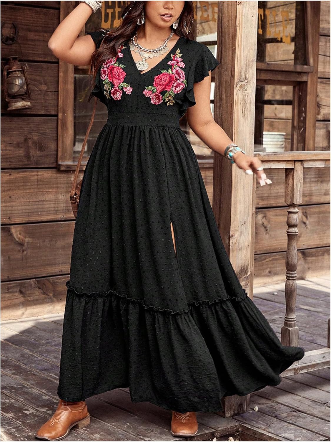 Women's Plus Size Floral Boho Maxi Dress Ruffle Flowy Dress Embroidered Cap Sleeve Summer Vacation Sundress - Image 3