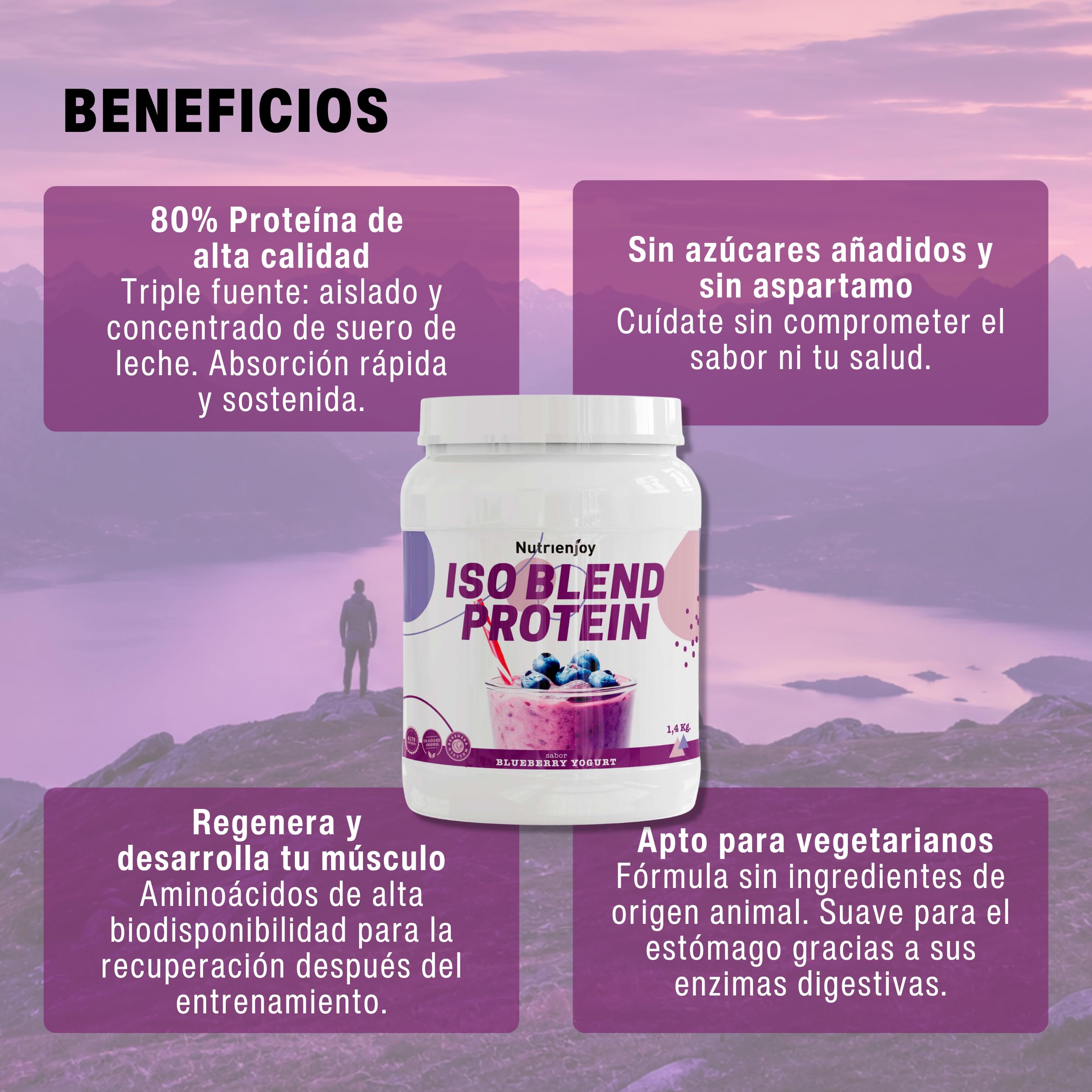 Proteína en Polvo ISO + Whey | 1,4kg | Para Ganar Masa Muscular | Recuperación Rápida y Sostenida | 27g de Proteína por Toma | Bajo en Azúcar y Apta Vegetarianos | Sabor Blueberry Yogurt - Nutrienjoy