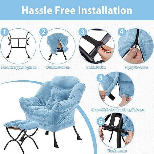 Miniatura 7 de Silla Lazy con otomana plegable, silla decorativa tapizada de felpa con estructura de metal y almohadillas antideslizantes, sillón con reposapiés y