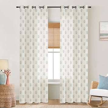 Muted Light Dusty Blue Grey Floral Curtains for Bedroom Living Room, Coastal Soft Botanical Pattern Linen Sheer Floor to Ceiling Curtains, 96 Inch Long 2 Panel Set