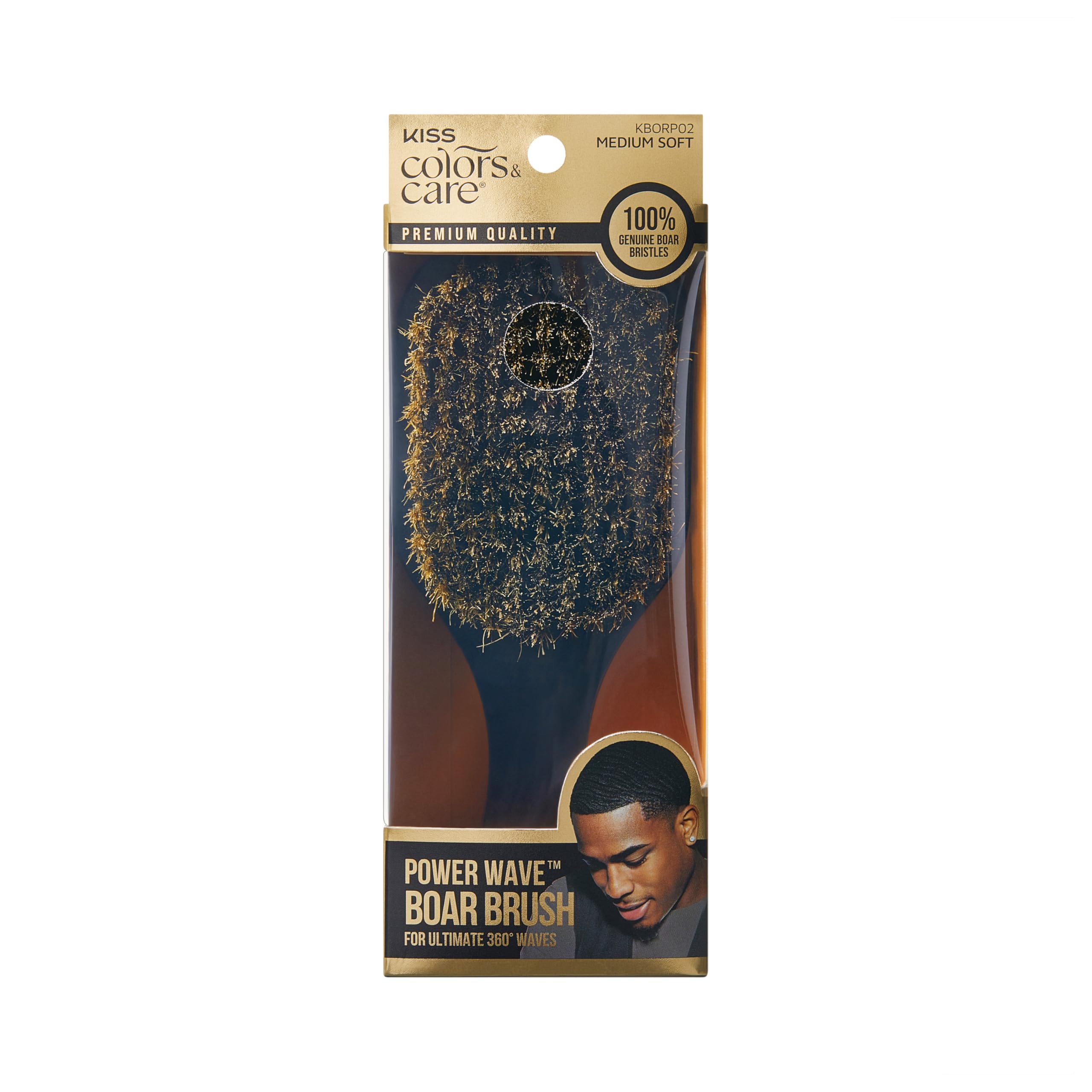 KISS COLORS & CARE 360° Power Wave Palm Brush - Medium Soft, Curved Handle, High-Density Boar Bristles for Deep Waves, Shed-Free Grip