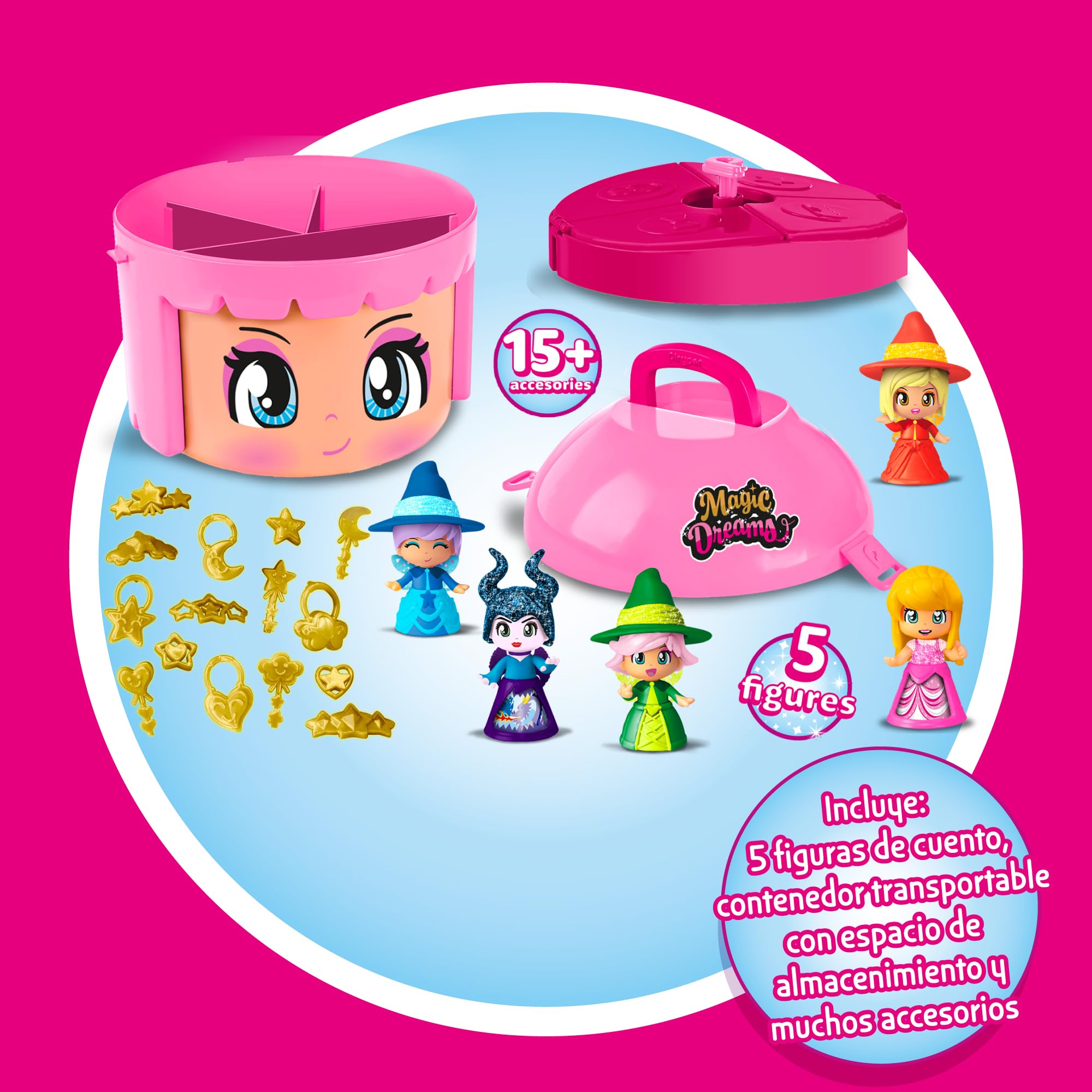 Pinypon - Magic Dreams, 5 Figuras Exclusivas con los Personajes Principales de la Bella Durmiente, Incluye Pequeños Accesorios, Contenedor y Bandeja con Compartimentos, +3 años, Famosa (PNY88000)