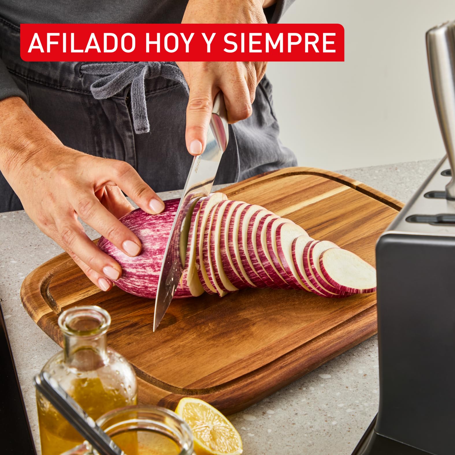 Tefal EverSharp, Set de 5 cuchillos, Bloque con afilador, Acero Inoxidable, Afilado duradero, K2976S04