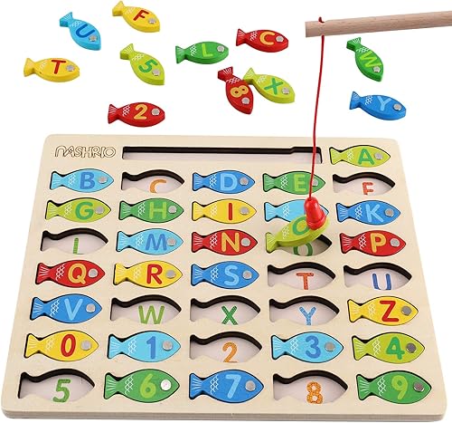 Juguete magnético de pesca de madera para niños pequeños, juego de conteo de peces del alfabeto, rompecabezas con números y letras, aprendizaje