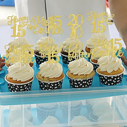 Miniatura 202 de Rsstarxi Paquete de 30 adornos para cupcakes de 15 cumpleaños con purpurina Mis Membrillo 15 desde 2010 Feliz 15º Cupcake Toppers Quince Cheers to