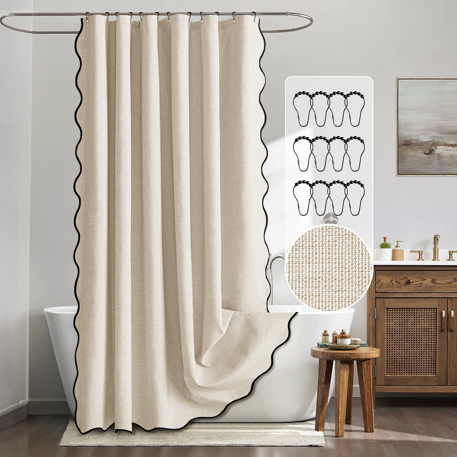 MIULEE Tenda da doccia in lino ondulato 180x200 cm Beige, tende da doccia impermeabili per hotel di lusso, tenda da bagno in tessuto lavabile antimuffa con 12 ganci in metallo.