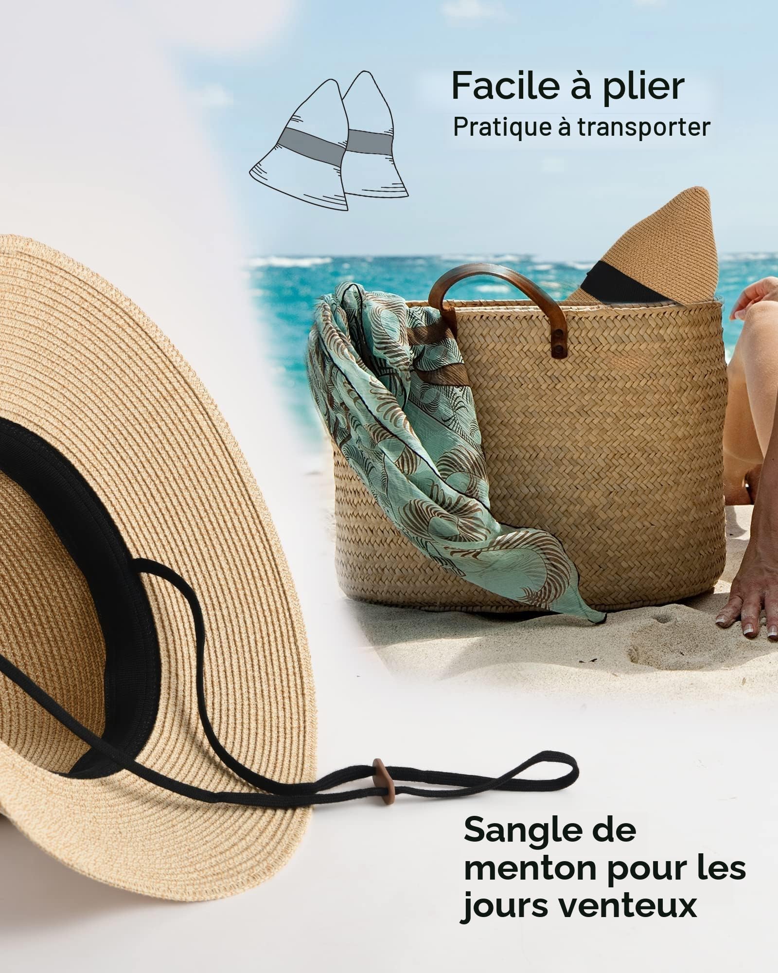 FURTALK Chapeau de paille pour femme - Protection UV UPF 80+ - Bord pliable - Pour l'été