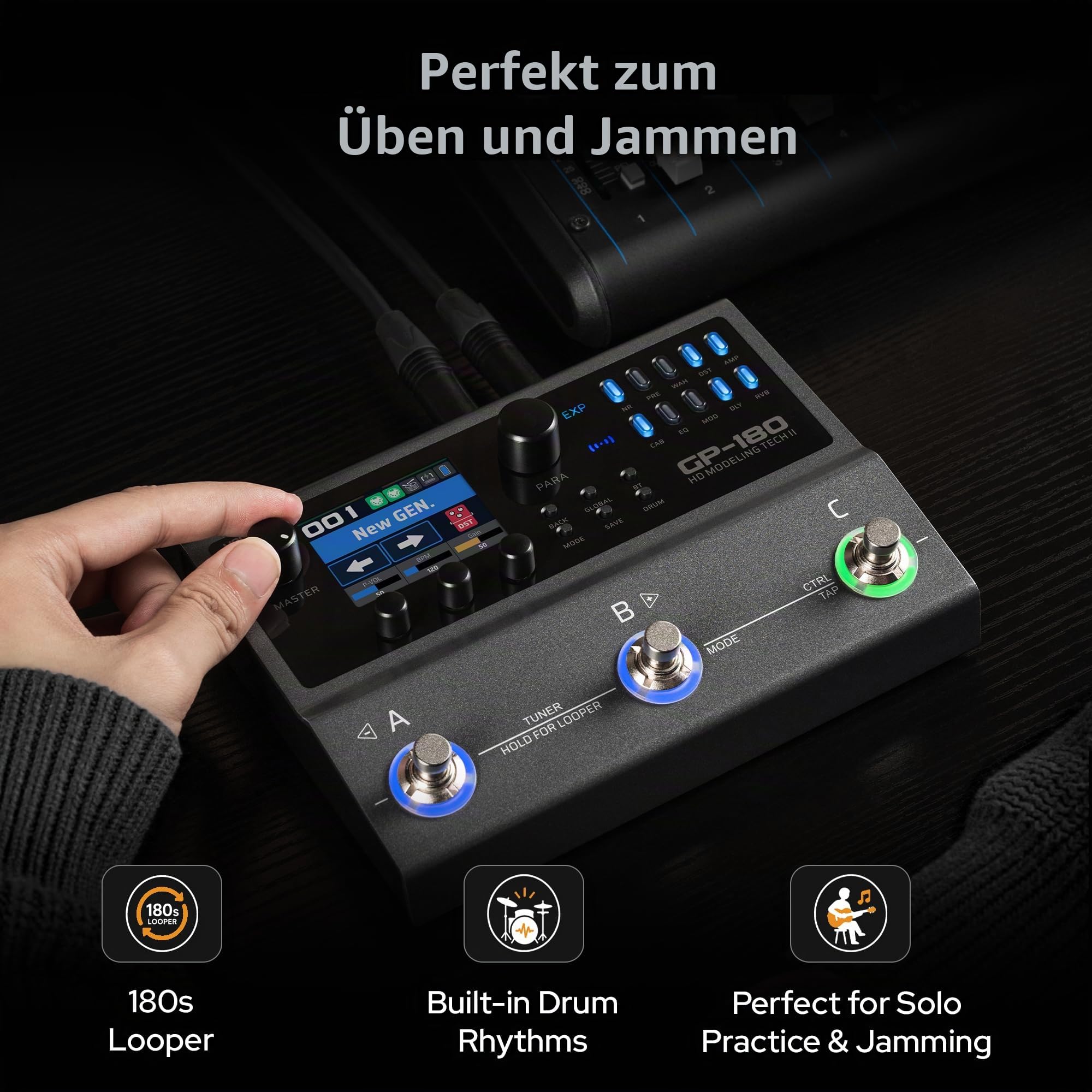Valeton GP-180 Gitarren-Multieffektpedal – Über 200 Effekte, NAM- und IR-Loader, 12-Modul-Signalkette, 6-In/4-Out USB-Audio-Interface, Bluetooth, Looper und Drumcomputer