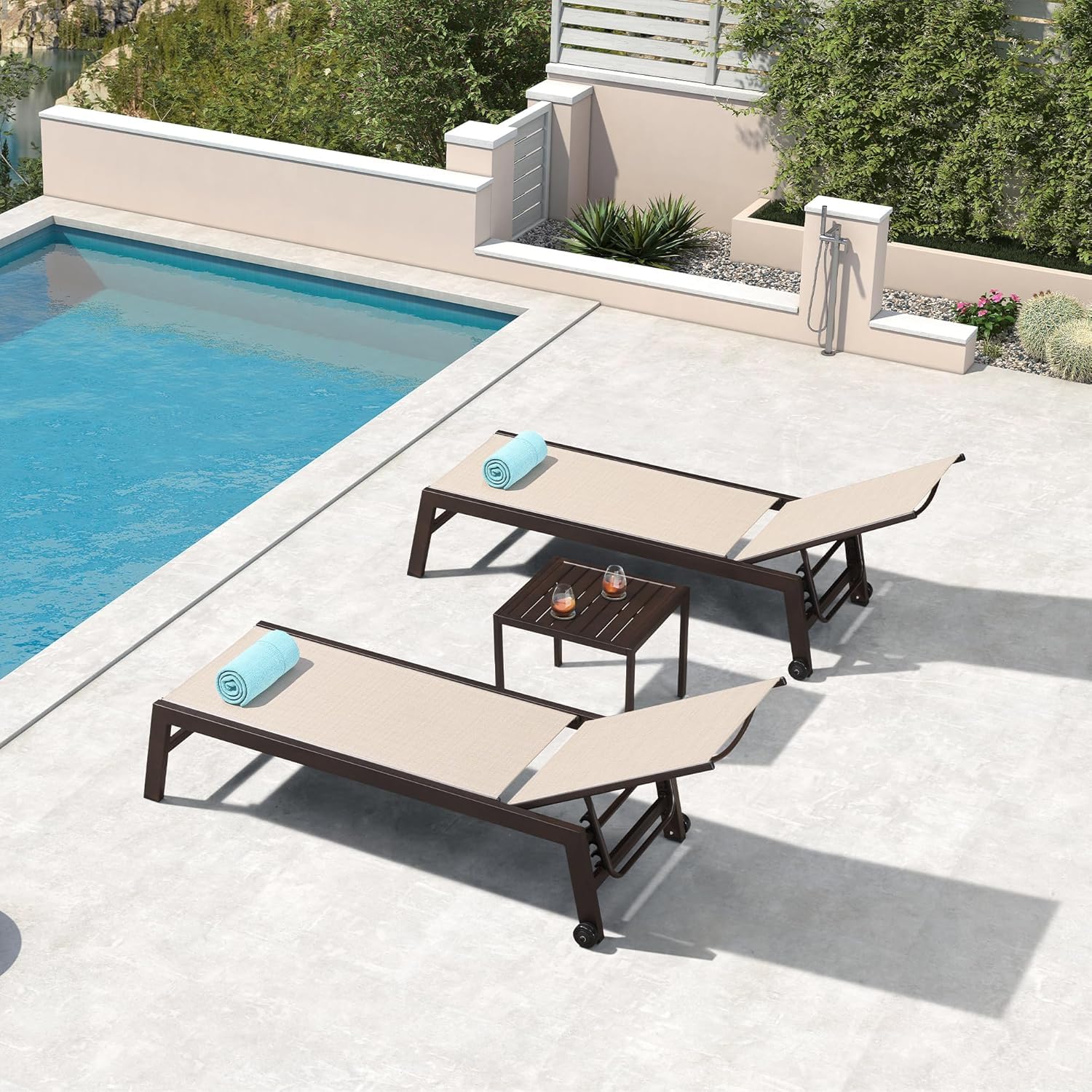 PURPLE LEAF Outdoor Chaise Lounge Chair Set of 2, Patio Pool Textilene Loungers with Adjustable Backrest and Wheels, Includes Side Table for Deck,