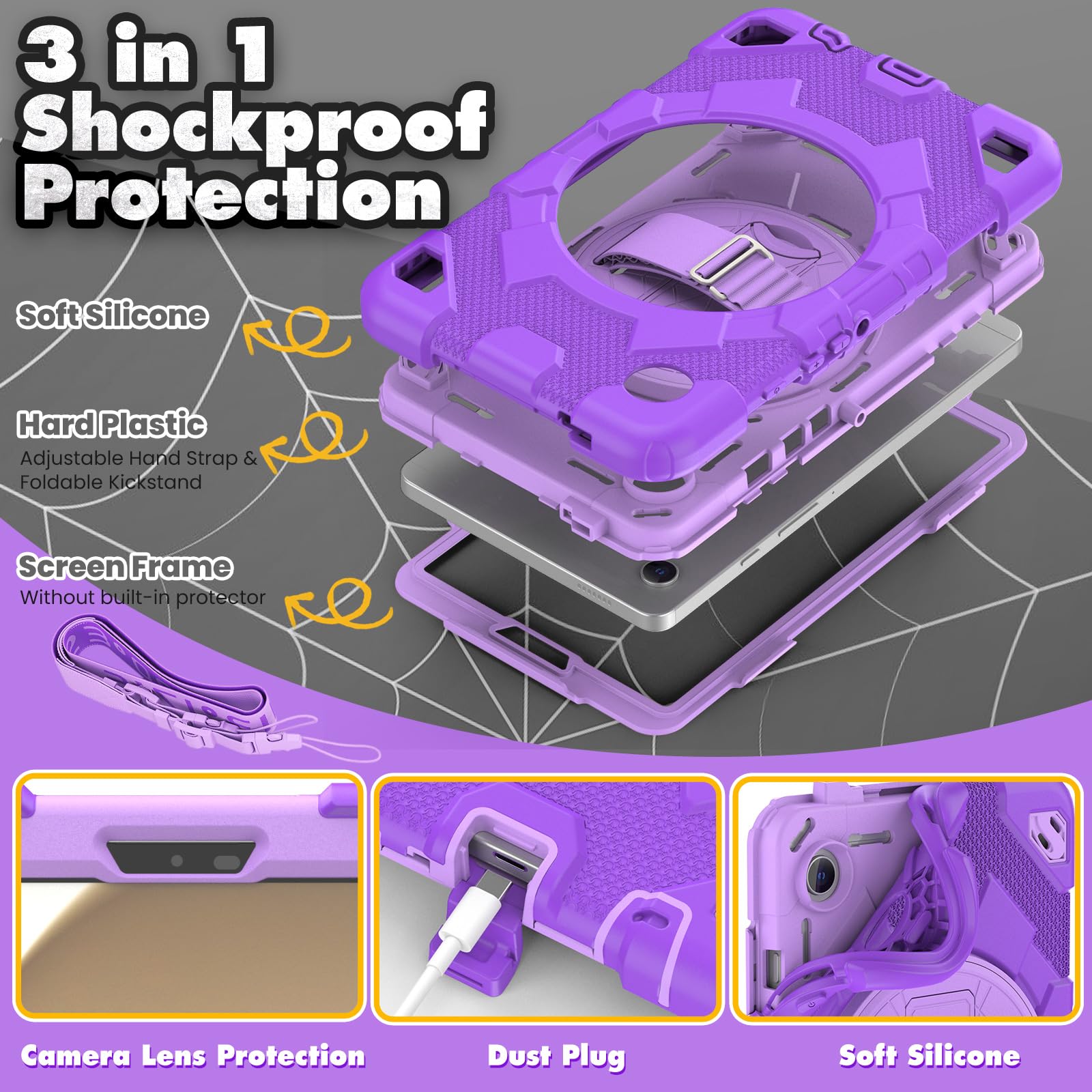 Custodia per tablet per Samsung Galaxy Tab A9 8,7" 2023, custodia antiurto in silicone resistente con portapenne, tracolla, supporto pieghevole girevole, cinturino da polso
