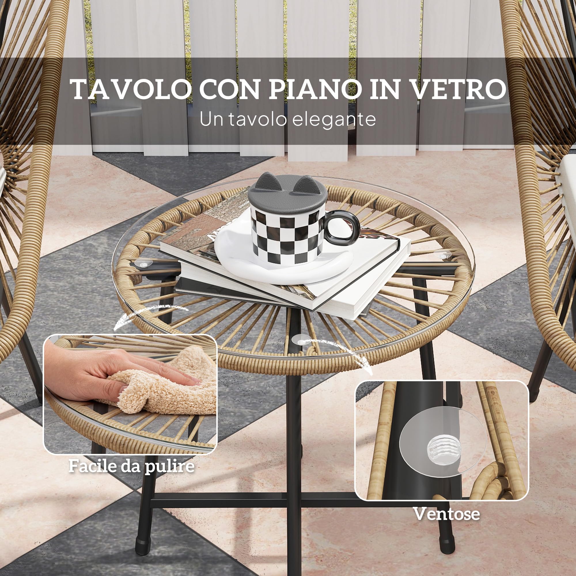 Outsunny Set da Giardino 3 Pezzi in Rattan PE e Acciaio, Set 2 Sedie con Cuscini e Tavolino da Caffè a Cilindro con Piano in Vetro, Set di Mobili da Balcone, per Patio e Cortile, Color Legno