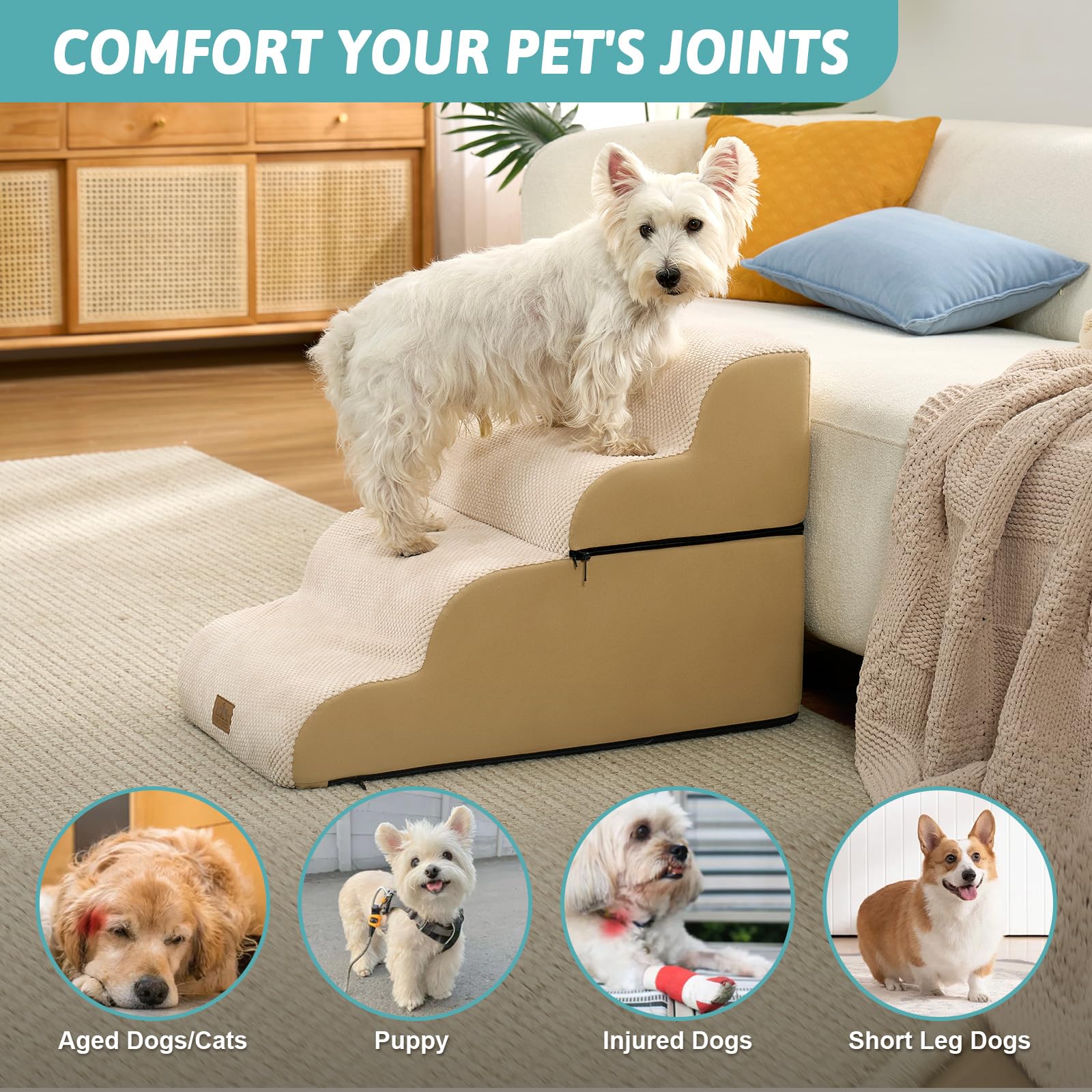 COZY KISS Escalera para Perros Pequeños, Rampa para Perros de Espuma para Cama y sofá, Escaleras para Mascotas con Funda Lavable, Rampa para Gatos de Fondo Antideslizante, Beige, 40x72x50cm