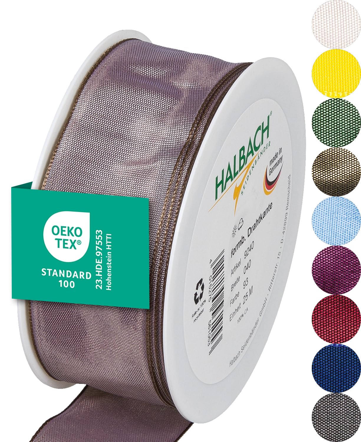 Halbach Seidenbänder Premium Geschenkband mit Drahtkante | Breite 40mm Länge 25m | Öko-Tex 100 zertifiziertes Schleifenband | Taftband Made in Germany, Farbe: hellbraun