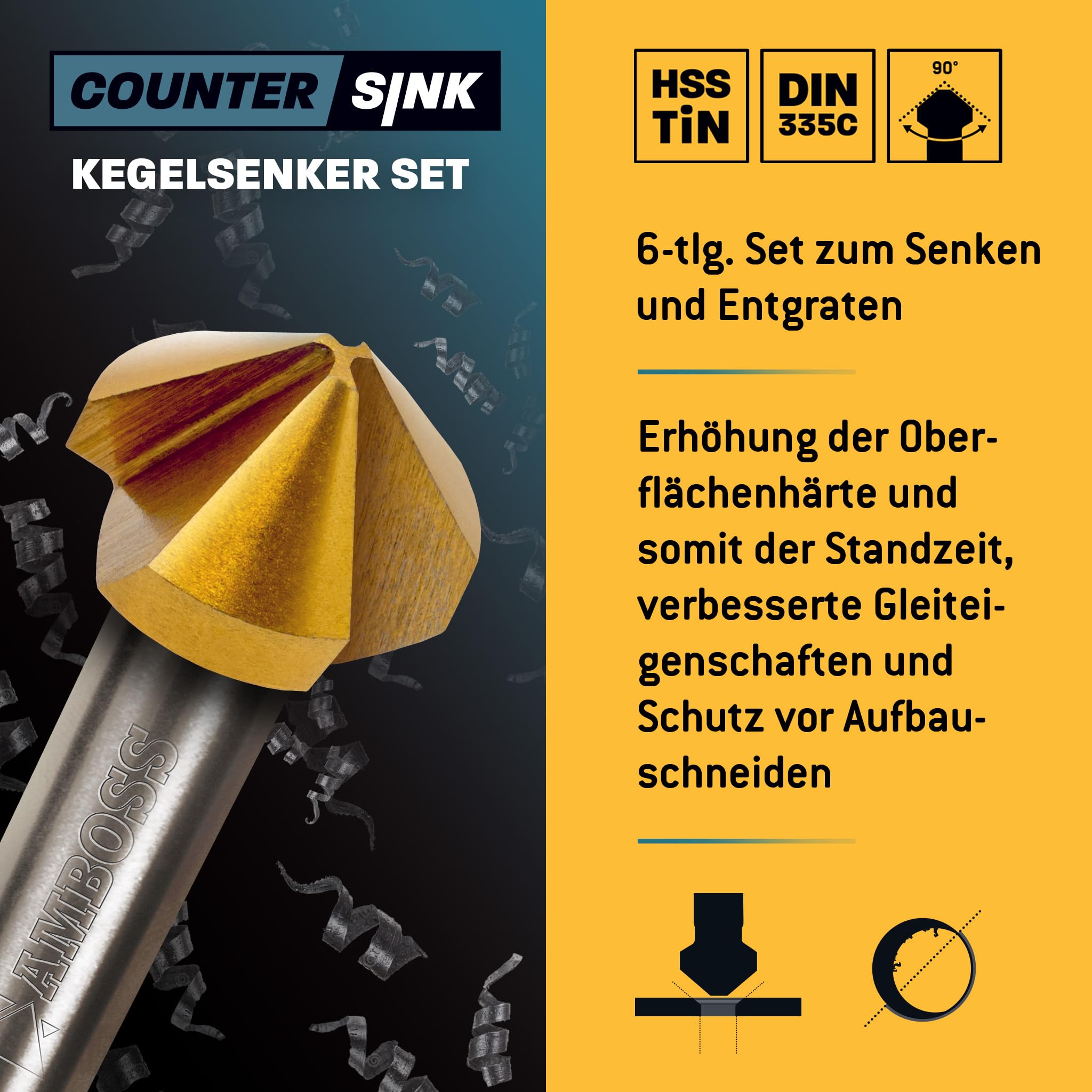 Ensemble de fraises coniques 6 pièces 6,3–20,5 mm HSS TiN/DIN 335C / Amboss Werkzeuge Fraise conique pour fer, acier, métal, métal non ferreux, bois, plastique/Fraise conique professionnelle pour