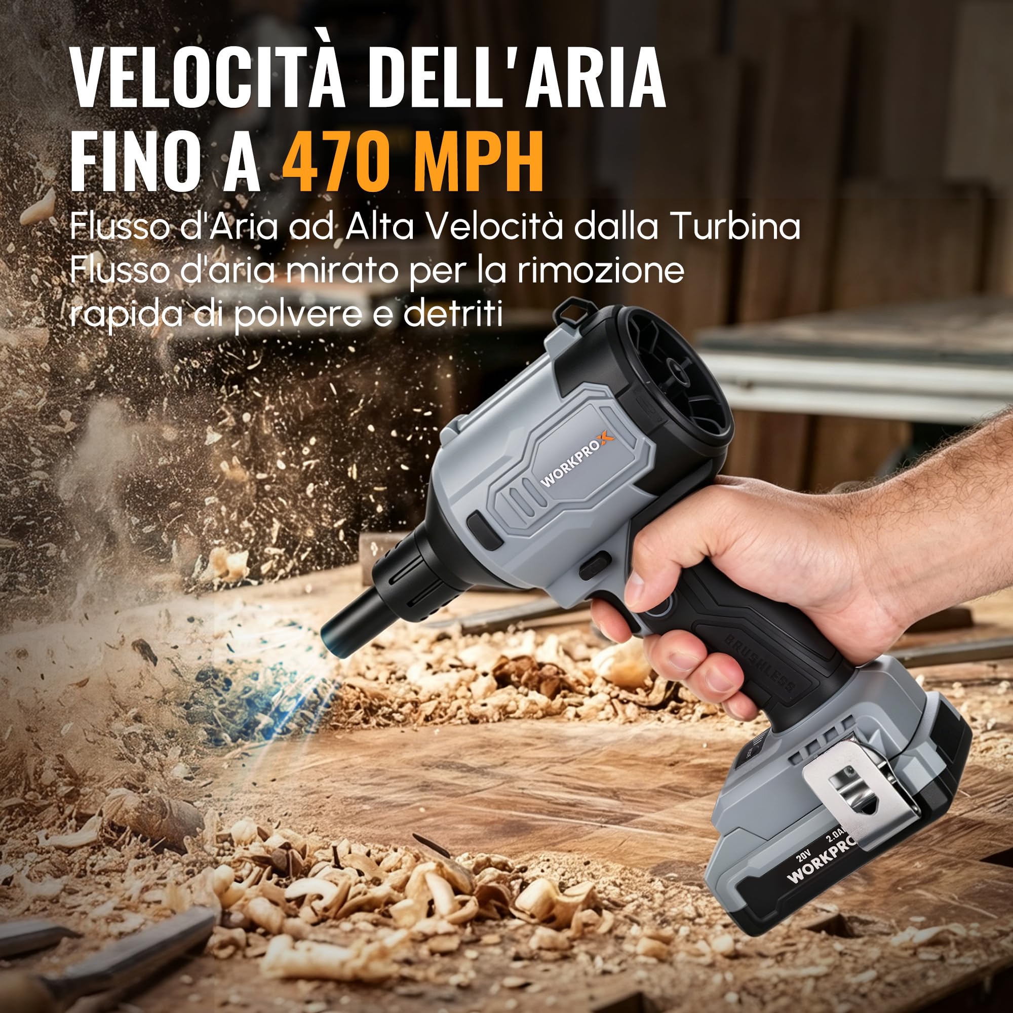 WORKPROX Soffiatore ad Aria Compressa Wireless 20V | Soffiatore Elettrico Ricaricabile USB-C, Motore Brushless, 4 Velocità Regolabili, Funzione Soffiaggio/Aspirazione