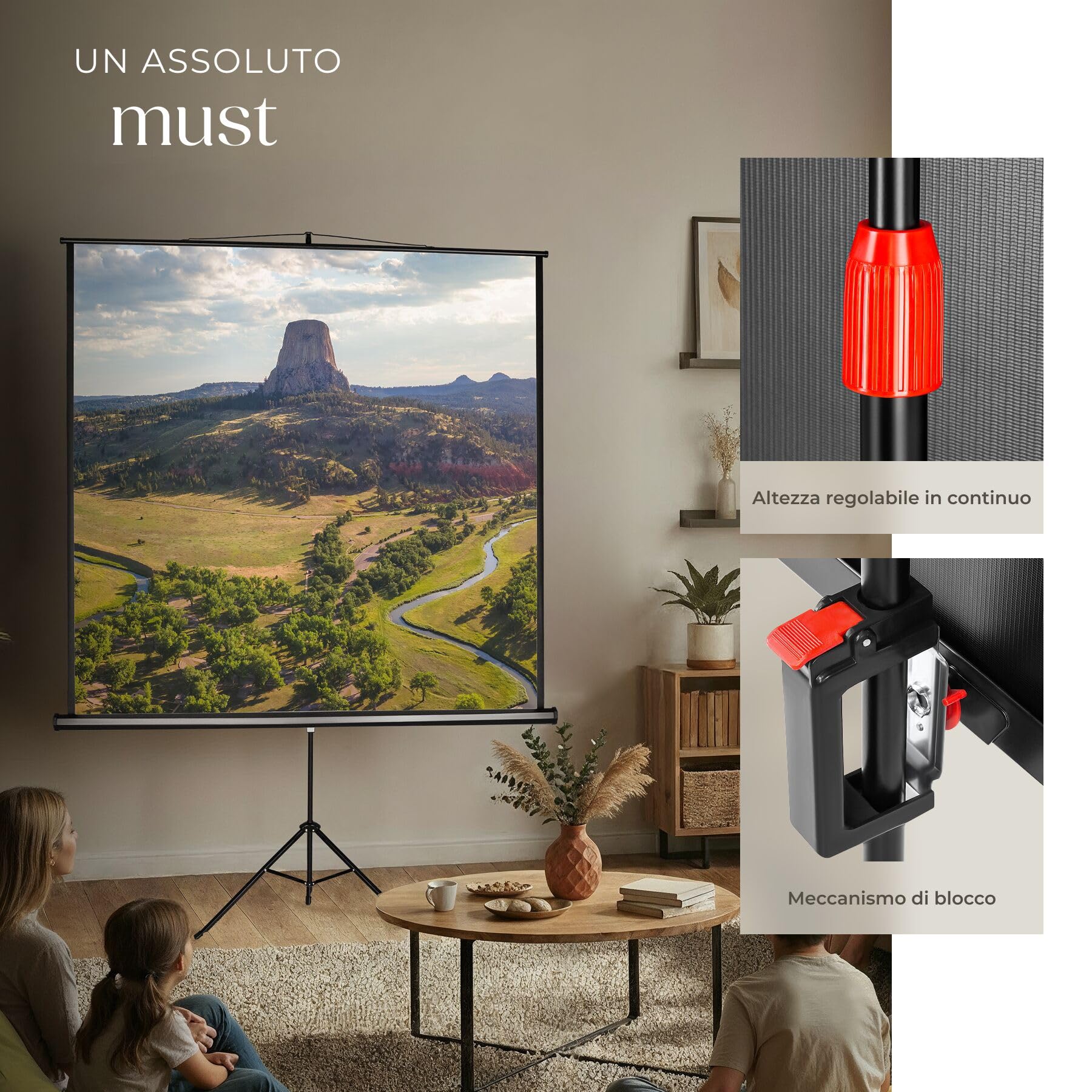 tectake® Schermo Proiettore 152x152 cm con Treppiede per Proiettore, Diagonale 84", Avvolgibile, Gain Factor1.0, Formati 1:1, 4:3, 16:9, Telo Proiettore Cinema a Casa, Ufficio, Ottimizzato HDTV e 3D