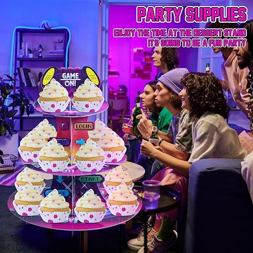 Miniatura 5 de Soporte de 3 niveles para cupcakes de videojuegos para 24 cupcakes temáticos de juegos, cartón, postre, torre para decoración de fiesta nocturna de