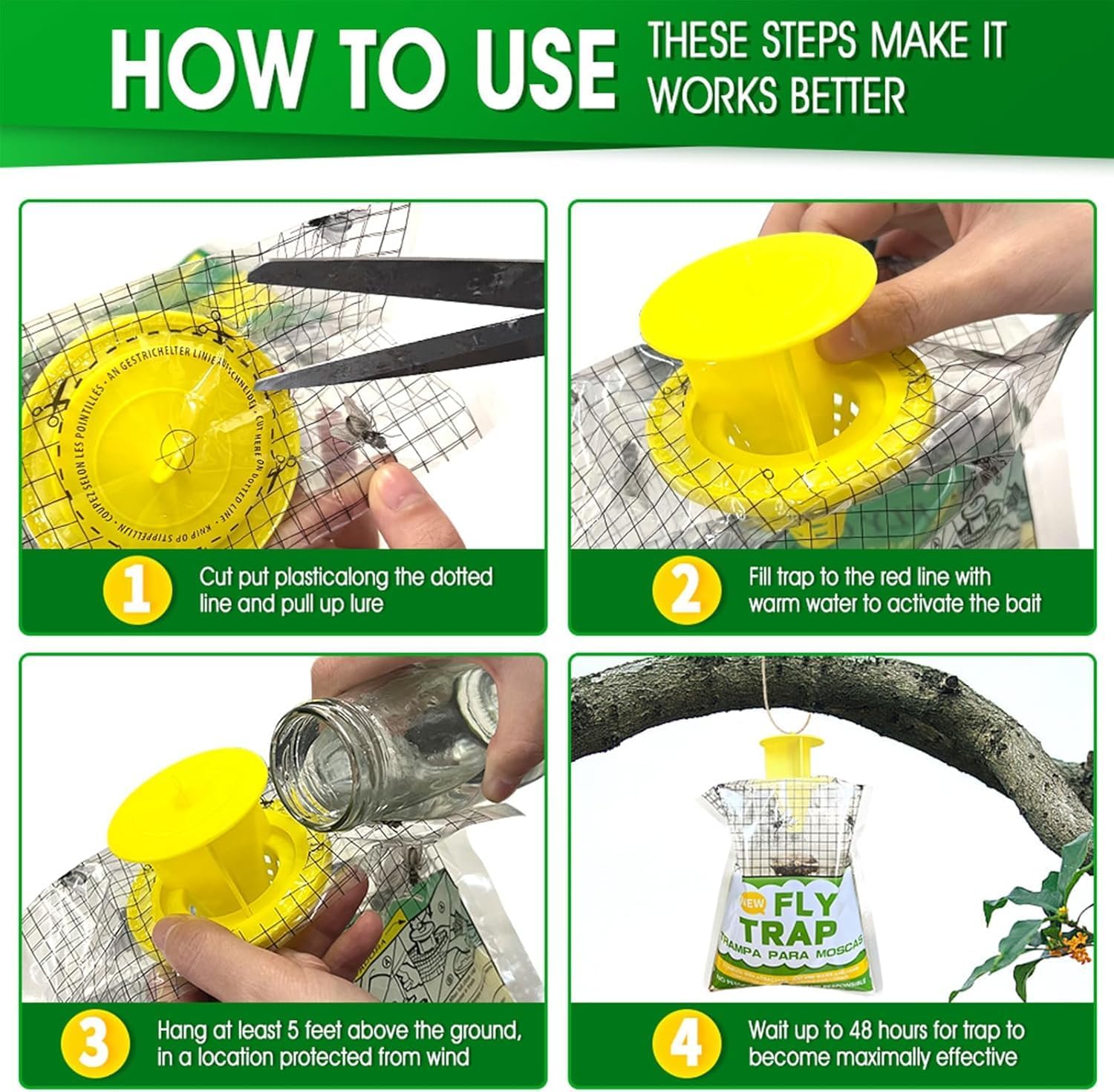 Fly Trap Bags 8 Pack Outdoor Hanging - Non-Toxic Disposable Fly Catcher with Natural Attractant Mess-Free Bug Bags for Yard Garden Farm and Horse Ranch