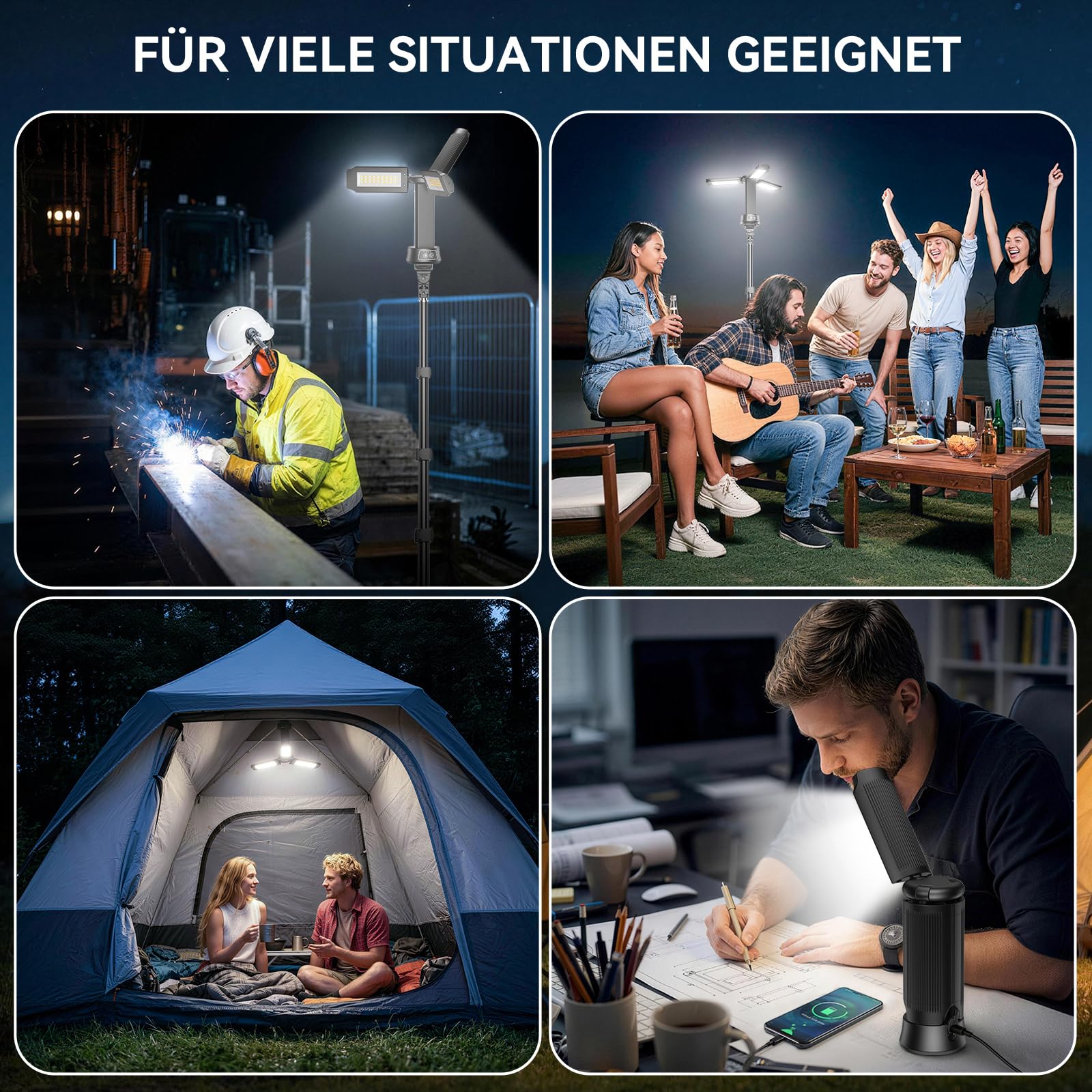 15000mAh Campinglampe Aufladbar mit Fernbedienung, 5000LM LED Baustrahler Akku Dimmbar, 5 Modi, 2,08m Teleskopstativ, LED Arbeitsleuchte Akku Strahler mit Tragetasche für Camping Baustelle Notfälle