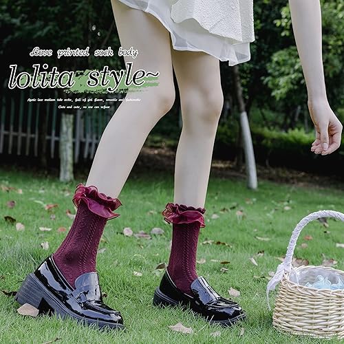 Miniatura 4 de SRYL Calcetines de tobillo para mujer, con volantes de encaje, cómodos, de algodón, a la moda, para damas, niñas, princesas