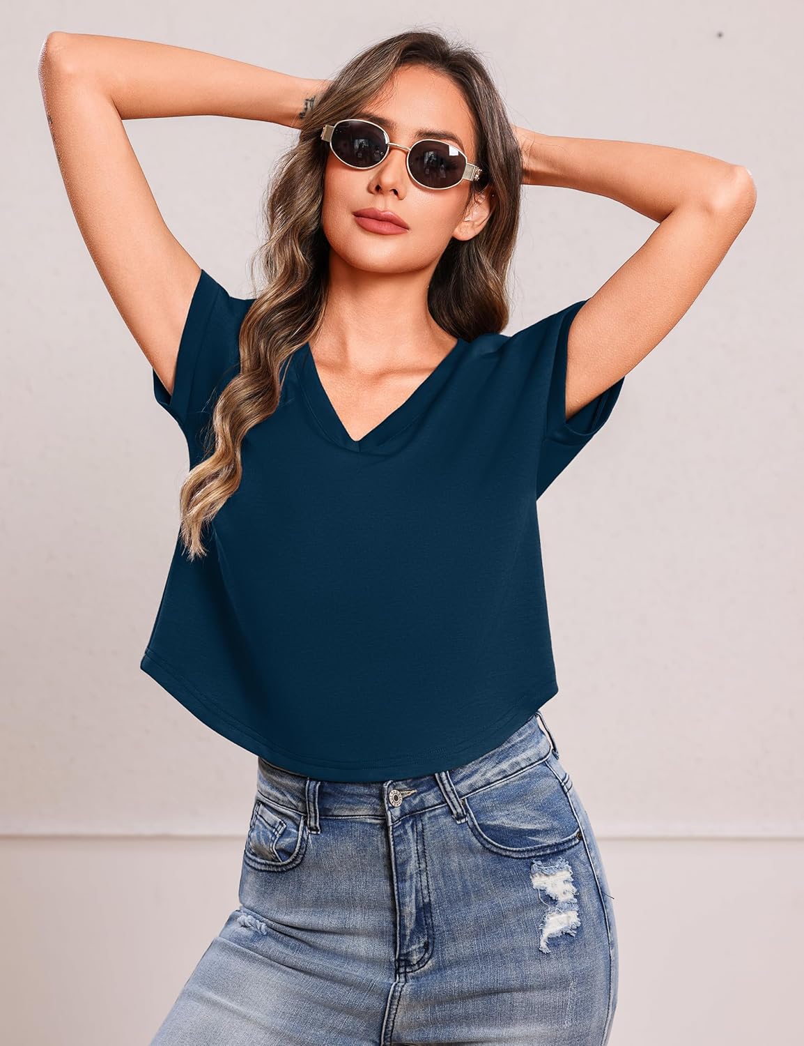 Totatuit Women Cropped T-Shirts Cap Sleeve V Neck Loose Fit Summer Tee Shirts Casual Plain Tops 2026 Trendy Clothes - Image 2