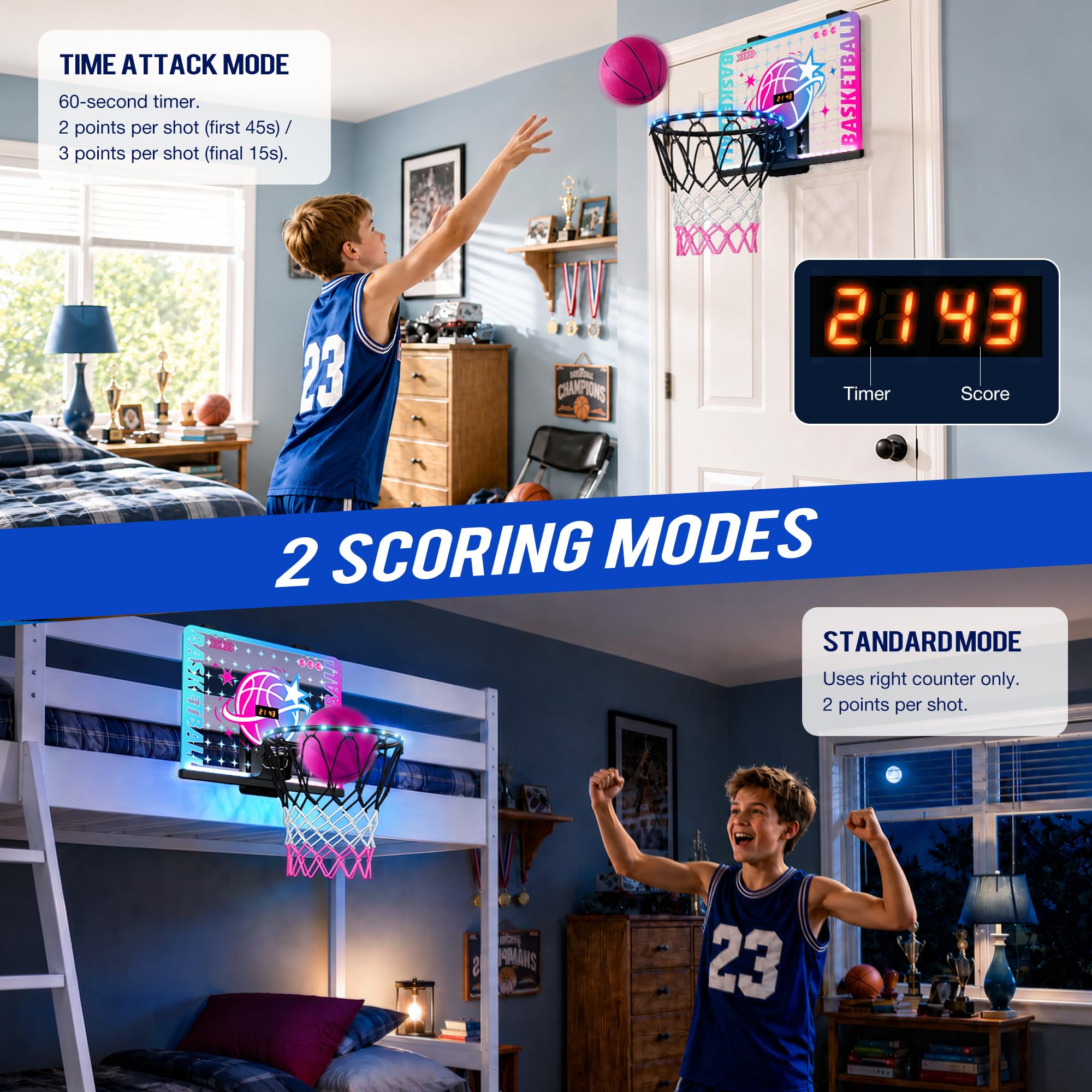 ROPODA Canasta de Baloncesto Infantil, Mini Canasta Baloncesto Habitacion con luz LED, Control Remoto & Marcador, Regalos de Cumpleaños de Navidad para Niños y Niñas de 3+ Años, Azul & Morado