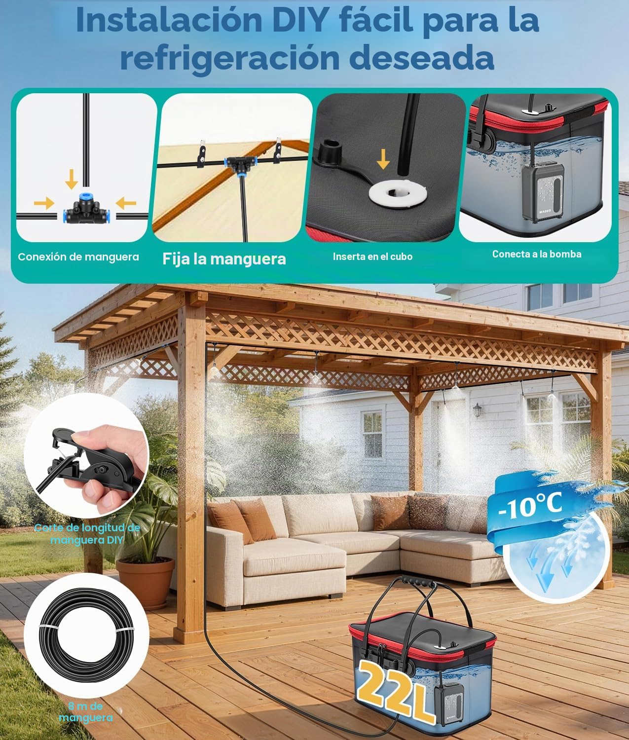 WADEO Sistema de refrigeración por nebulización con bomba de 6000 mAh, cubo de agua de 22 litros, manguera de 8 m, 8 boquillas de latón y 10 abrazaderas, para terrazas, jardines y céspedes