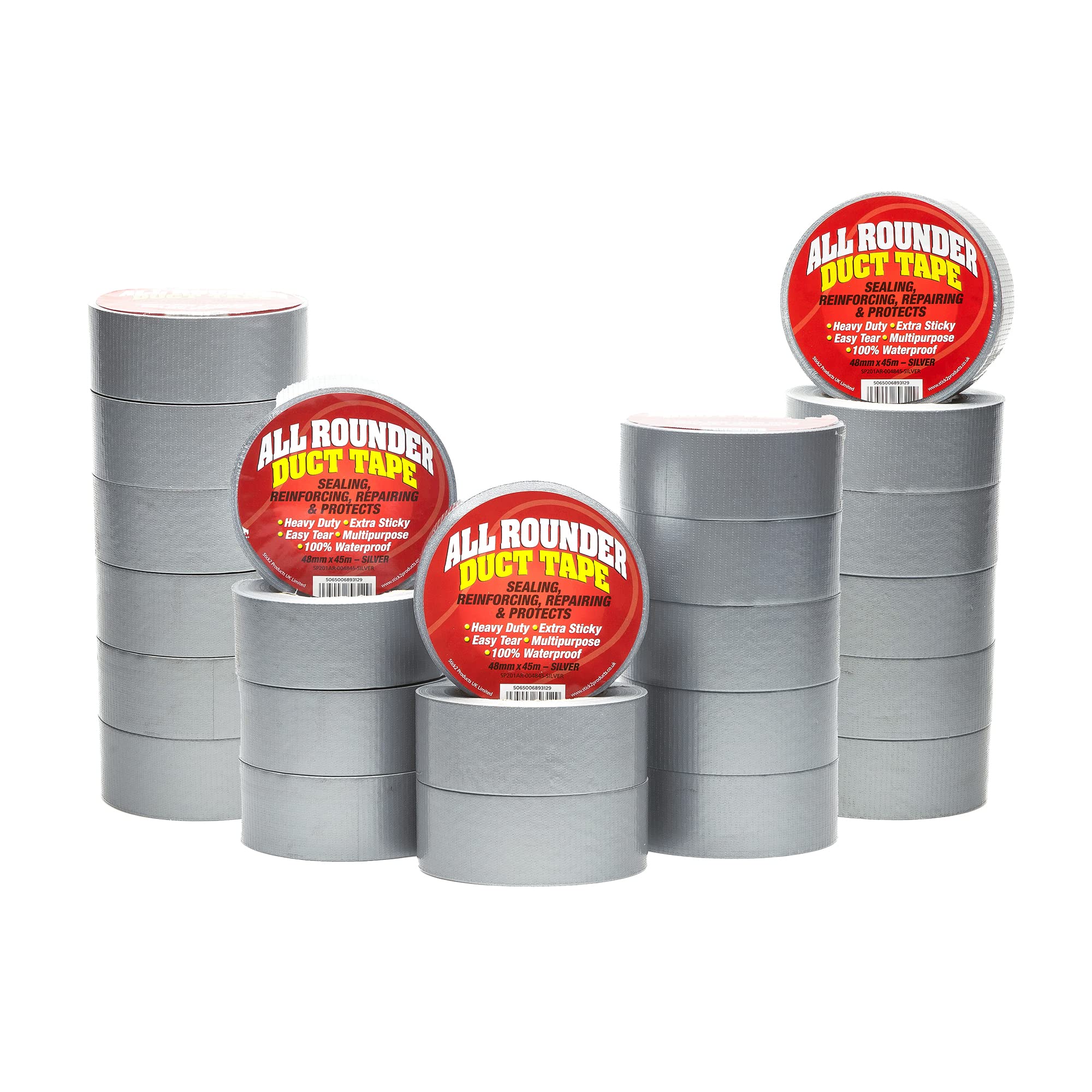 STICK2 All Rounder Silver Duct Tape | Heavy-Duty Waterproof Gaffer Tape for Sealing, DIY, Packing & Repairs | Tearable, Strong Adhesion | 48mm x 45m (24 Rolls)